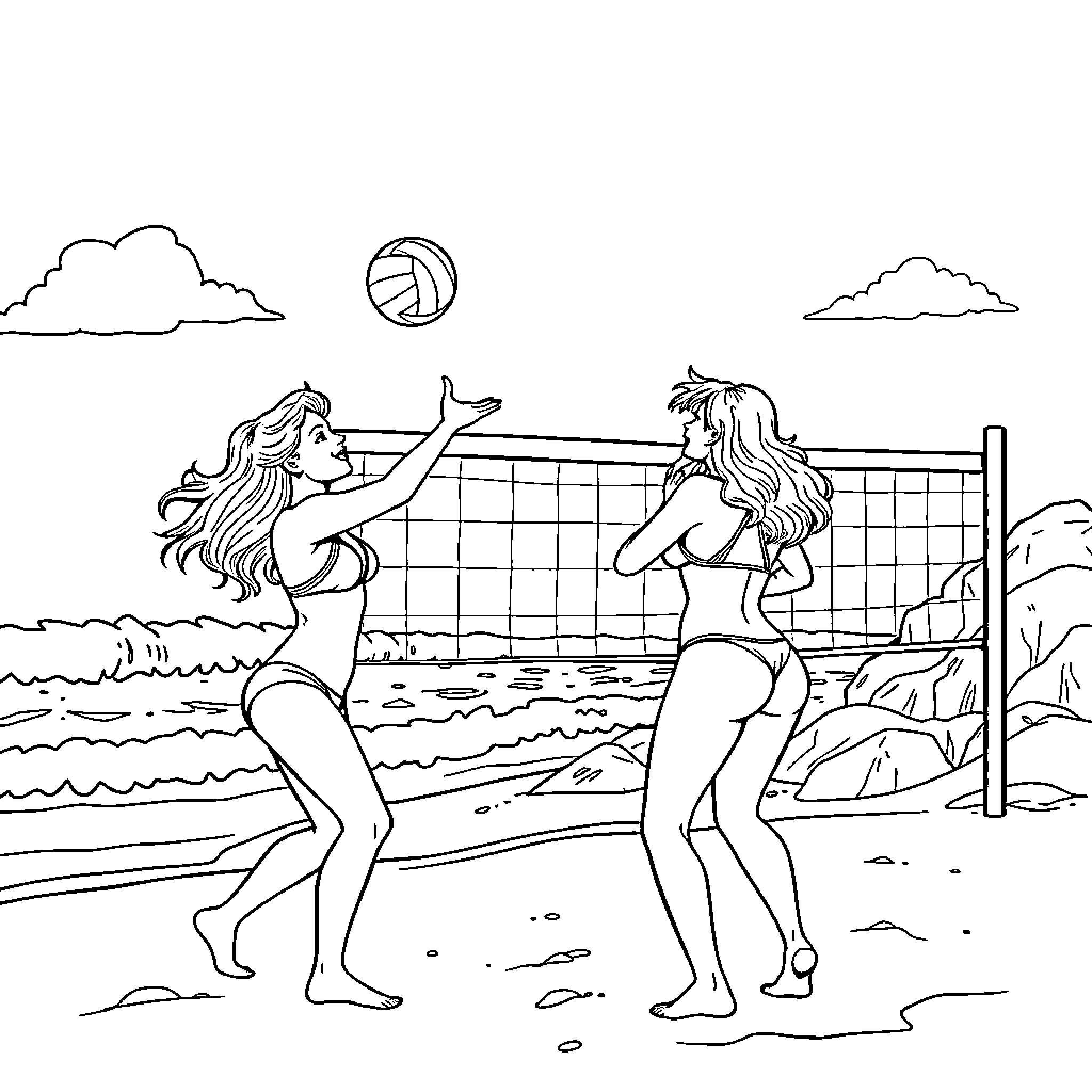 Girls playing volleyball at the beach Coloring Page (free black-and-white line drawing printable PDF for all, from beginners to advanced learners, including children, teens, adults, and seniors)
