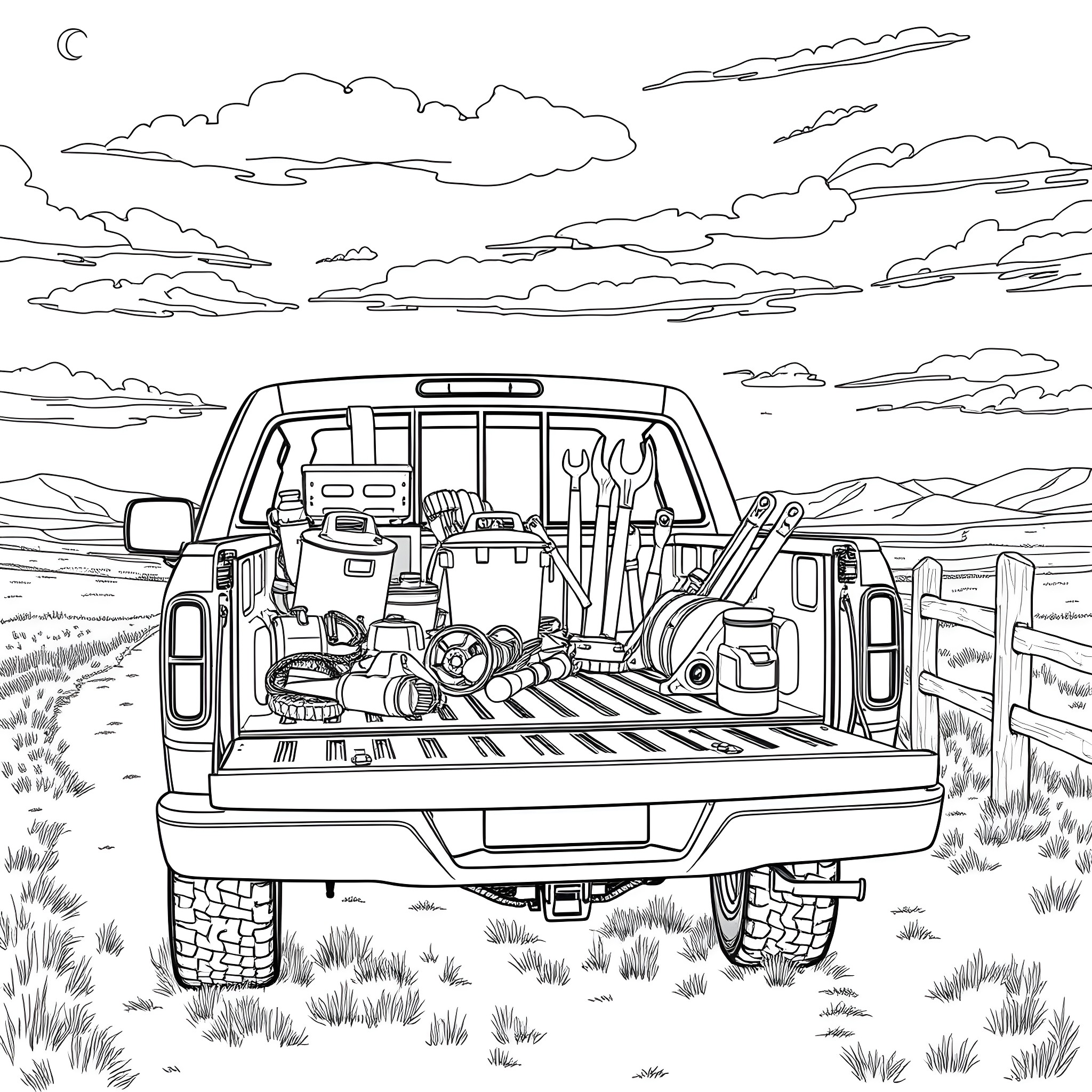 Truck filled with work tools in the countryside Coloring Page (free black-and-white line drawing printable PDF for all, from beginners to advanced learners, including children, teens, adults, and seniors)