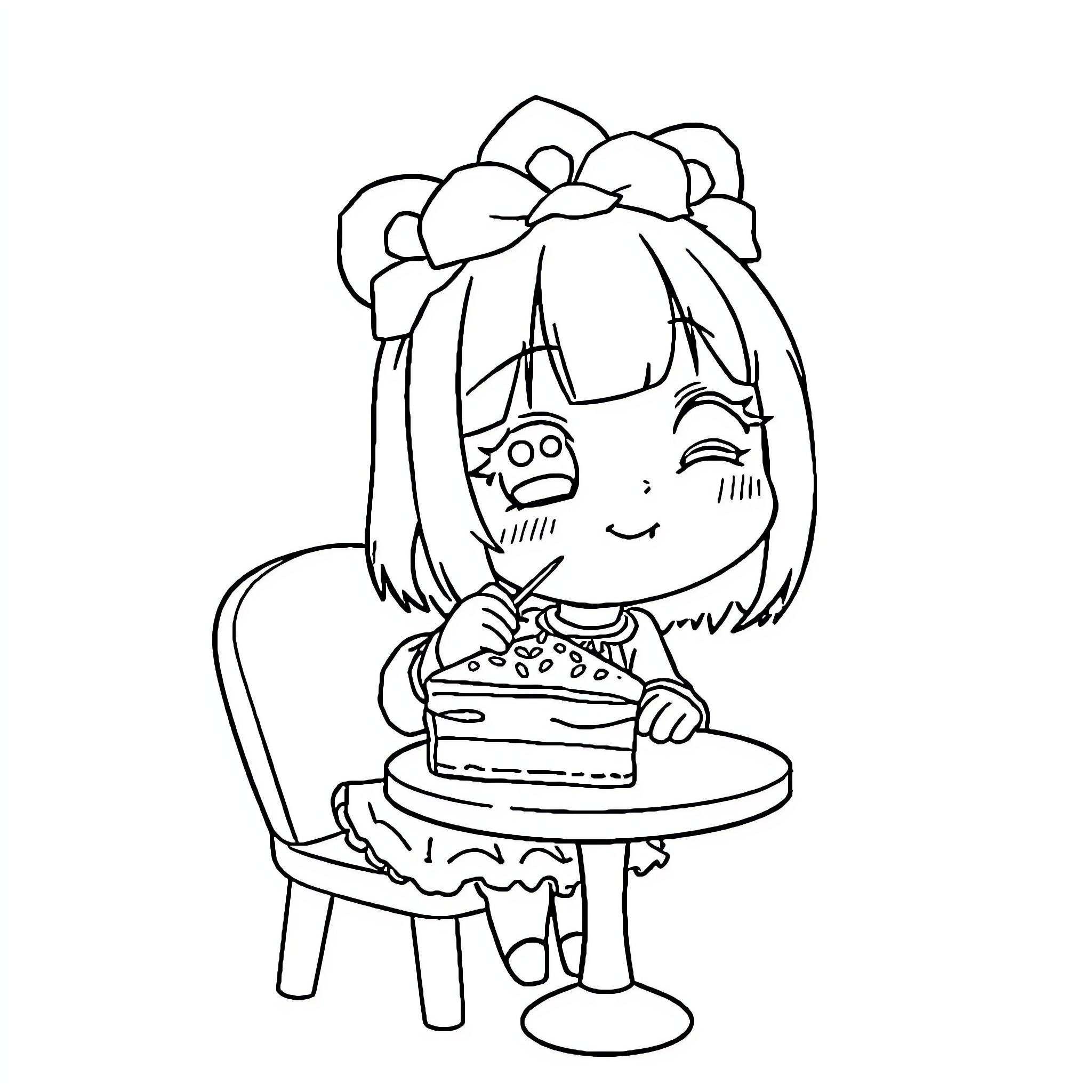 Kuromi enjoying a slice of cake Coloring Page (free black-and-white line drawing printable PDF for all, from beginners to advanced learners, including children, teens, adults, and seniors)