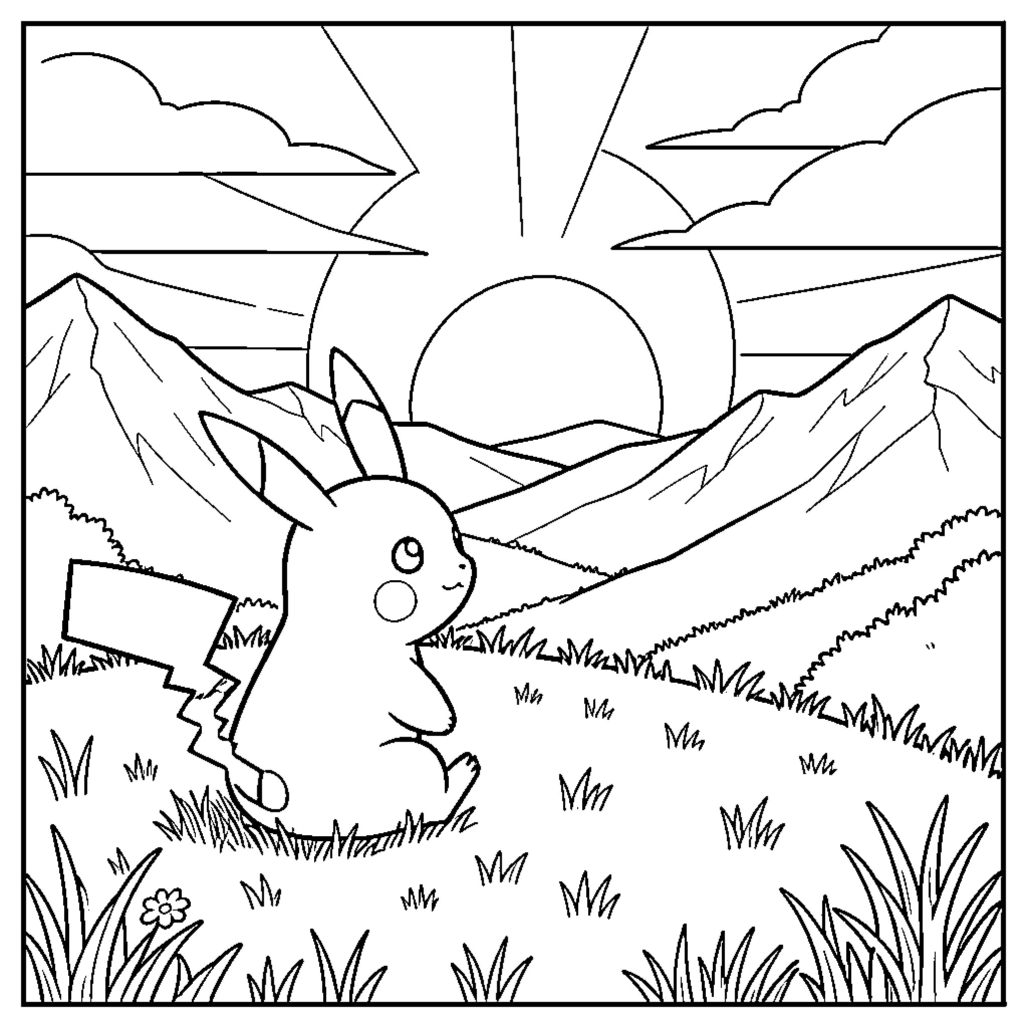 Pikachu sitting in a field looking at the sun Coloring Page (free black-and-white line drawing printable PDF for all, from beginners to advanced learners, including children, teens, adults, and seniors)
