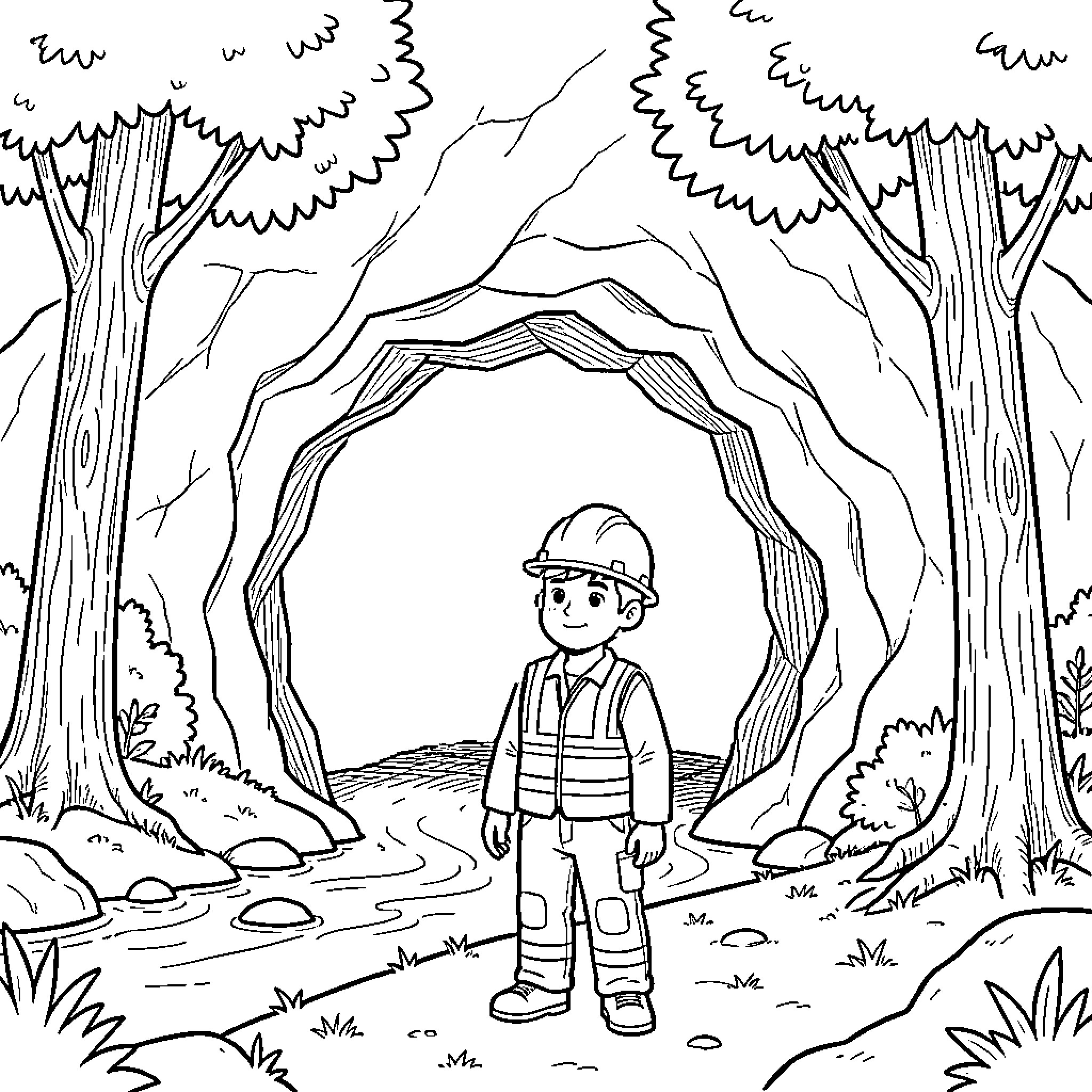 Cueva where a young miner stands smiling near trees Coloring Page (free black-and-white line drawing printable PDF for all, from beginners to advanced learners, including children, teens, adults, and seniors)