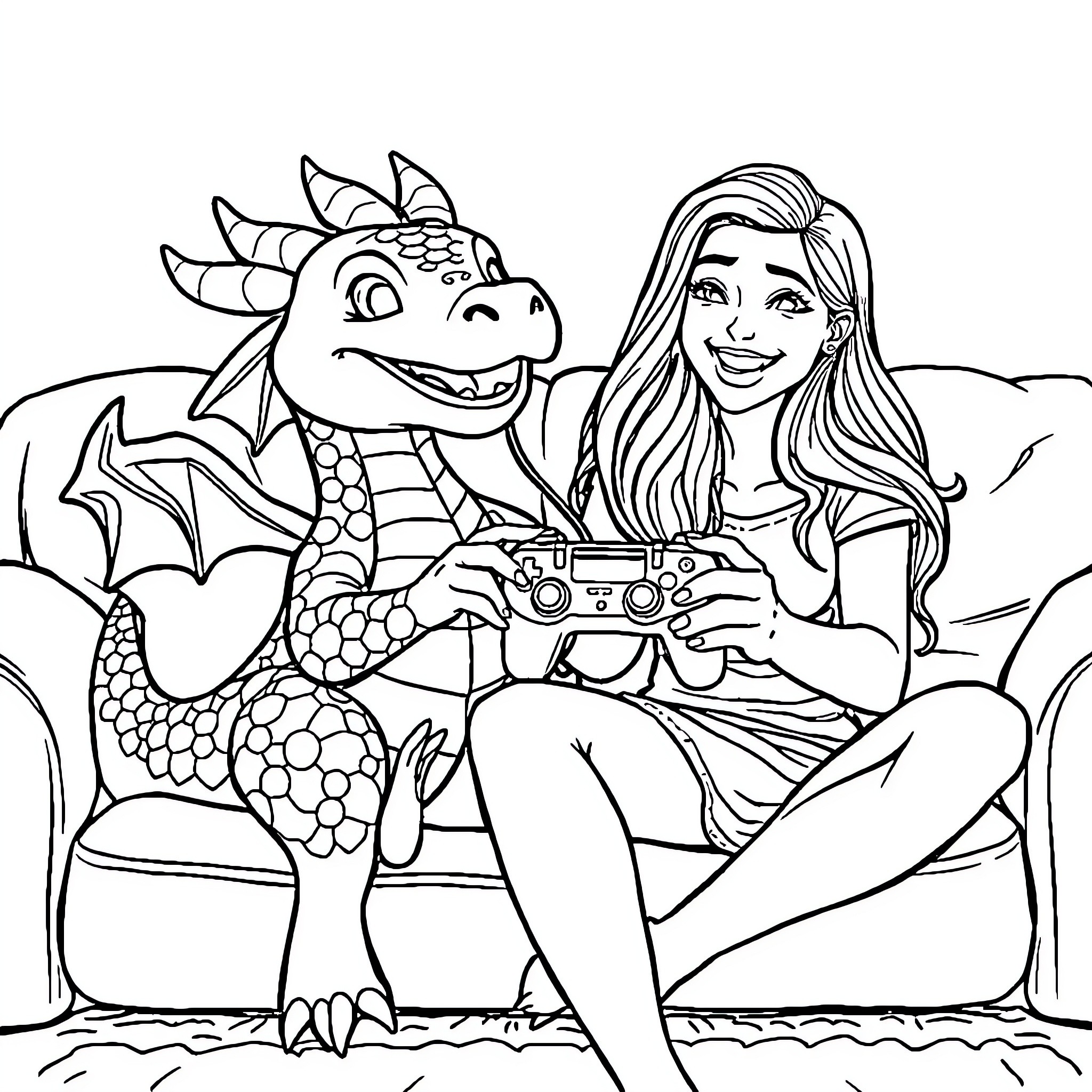 Dragon and Woman Playing Video Game Together Coloring Page (free black-and-white line drawing printable PDF for all, from beginners to advanced learners, including children, teens, adults, and seniors)