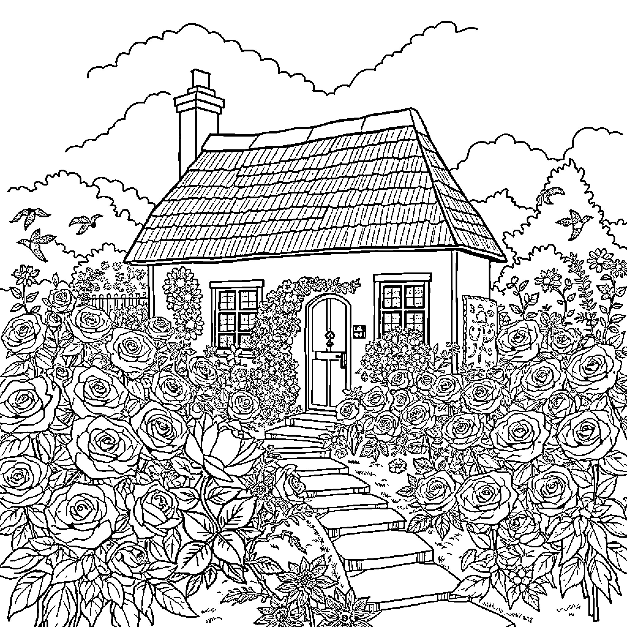Cottage in a blooming garden Coloring Page (free black-and-white line drawing printable PDF for all, from beginners to advanced learners, including children, teens, adults, and seniors)