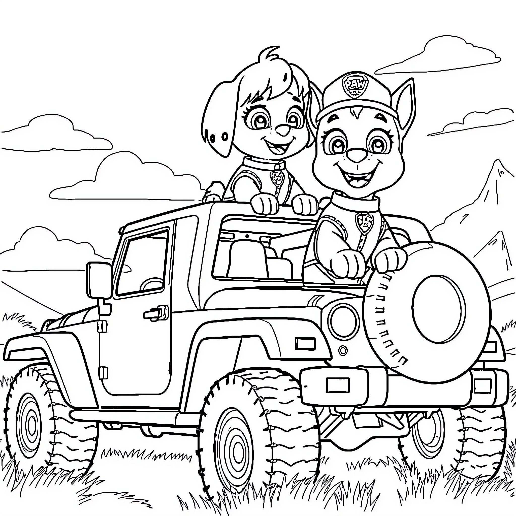 Paw Patrol Puppies Riding on Rugged Terrain Vehicle Coloring Page (free black-and-white line drawing printable PDF for all, from beginners to advanced learners, including children, teens, adults, and seniors)