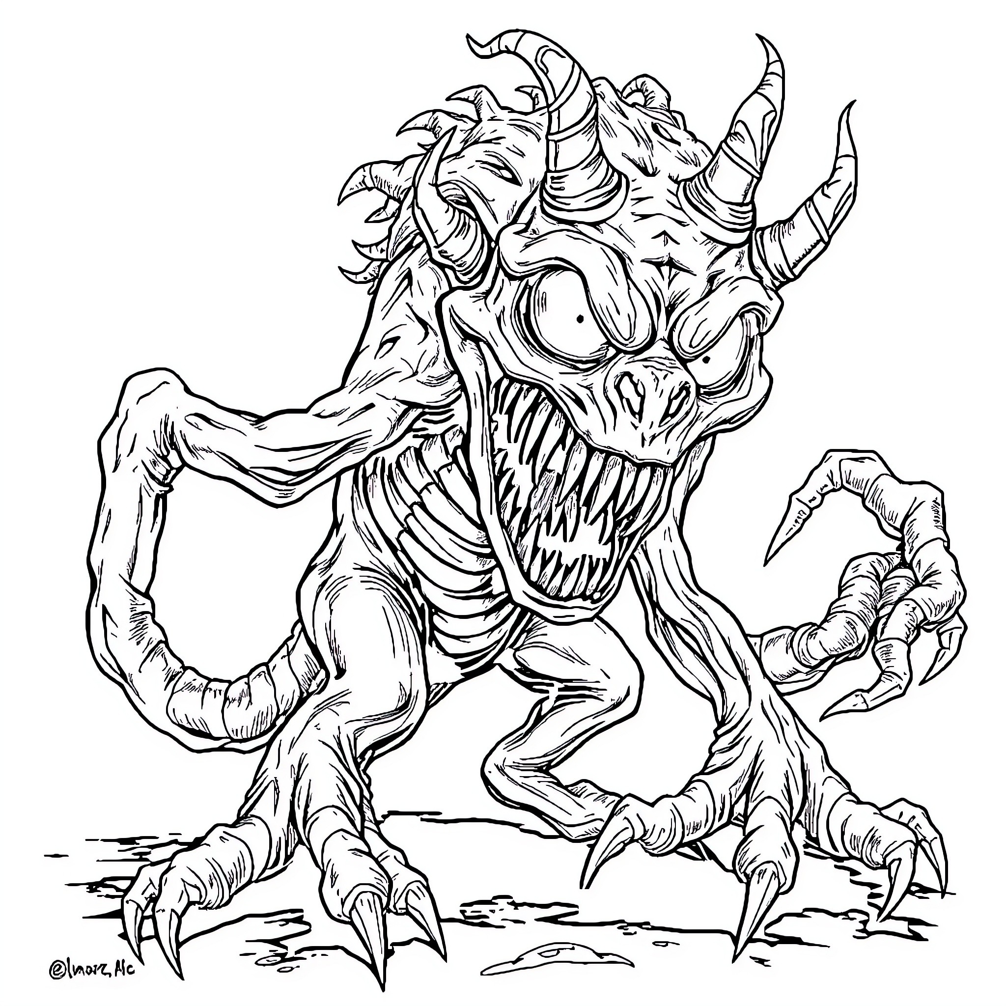 Elmore's Monstrous Creature Encounter Coloring Page (free black-and-white line drawing printable PDF for all, from beginners to advanced learners, including children, teens, adults, and seniors)