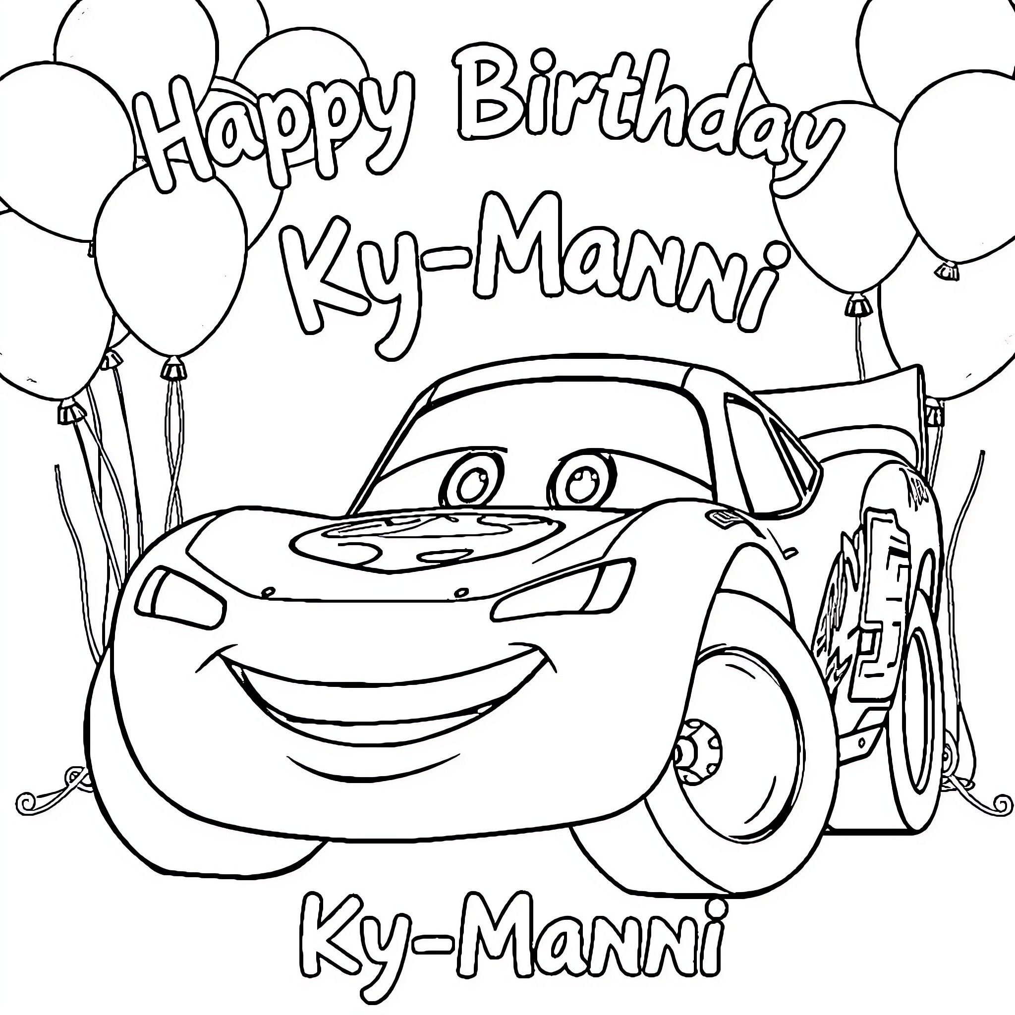 Lightning McQueen celebrates a happy birthday Coloring Page (free black-and-white line drawing printable PDF for all, from beginners to advanced learners, including children, teens, adults, and seniors)