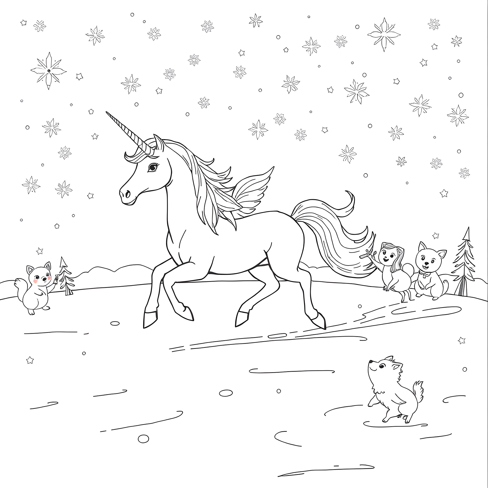 Unicorn frolicking in a snowy winter wonderland Coloring Page (free black-and-white line drawing printable PDF for all, from beginners to advanced learners, including children, teens, adults, and seniors)