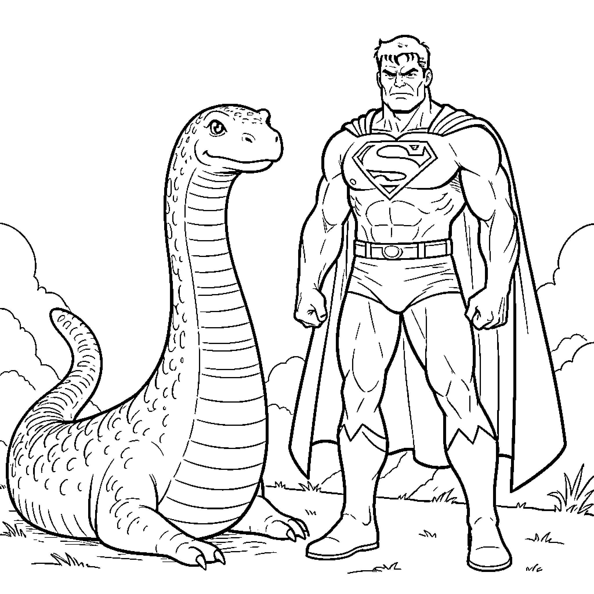 Loch Ness Monster standing next to a superhero Coloring Page (free black-and-white line drawing printable PDF for all, from beginners to advanced learners, including children, teens, adults, and seniors)
