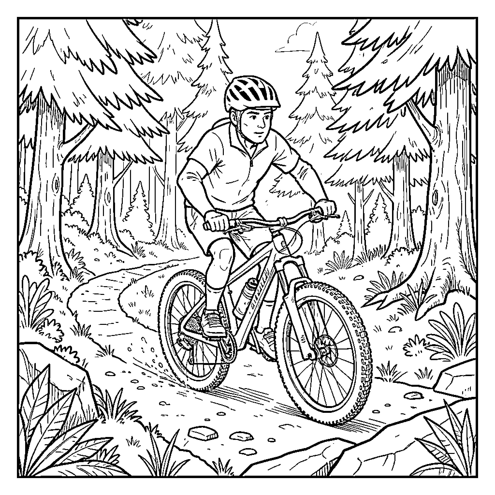 Evee riding a mountain bike through a forest trail Coloring Page (free black-and-white line drawing printable PDF for all, from beginners to advanced learners, including children, teens, adults, and seniors)