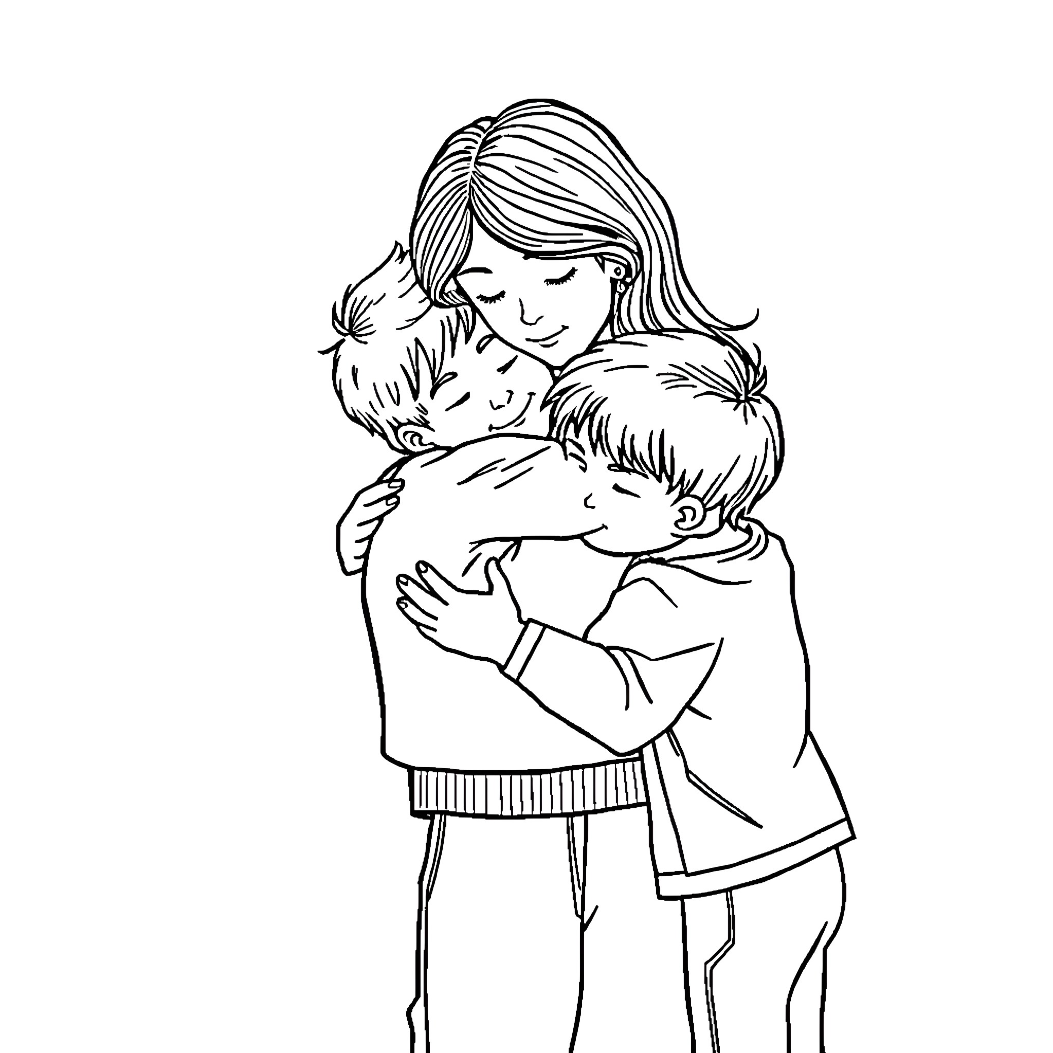 Family Embracing in Loving Moment Coloring Page (free black-and-white line drawing printable PDF for all, from beginners to advanced learners, including children, teens, adults, and seniors)