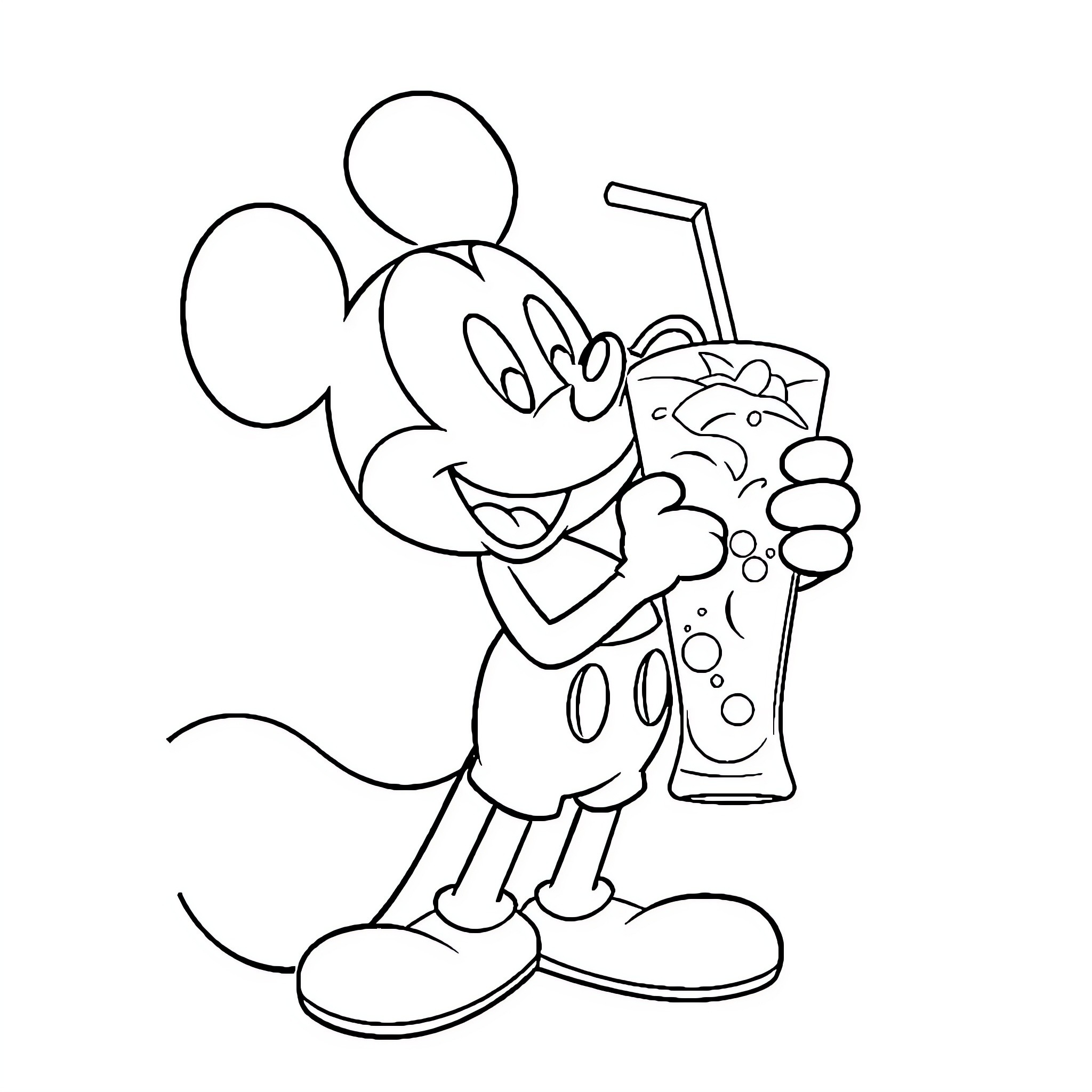 Mickey Mouse enjoying a refreshing beverage Coloring Page (free black-and-white line drawing printable PDF for all, from beginners to advanced learners, including children, teens, adults, and seniors)
