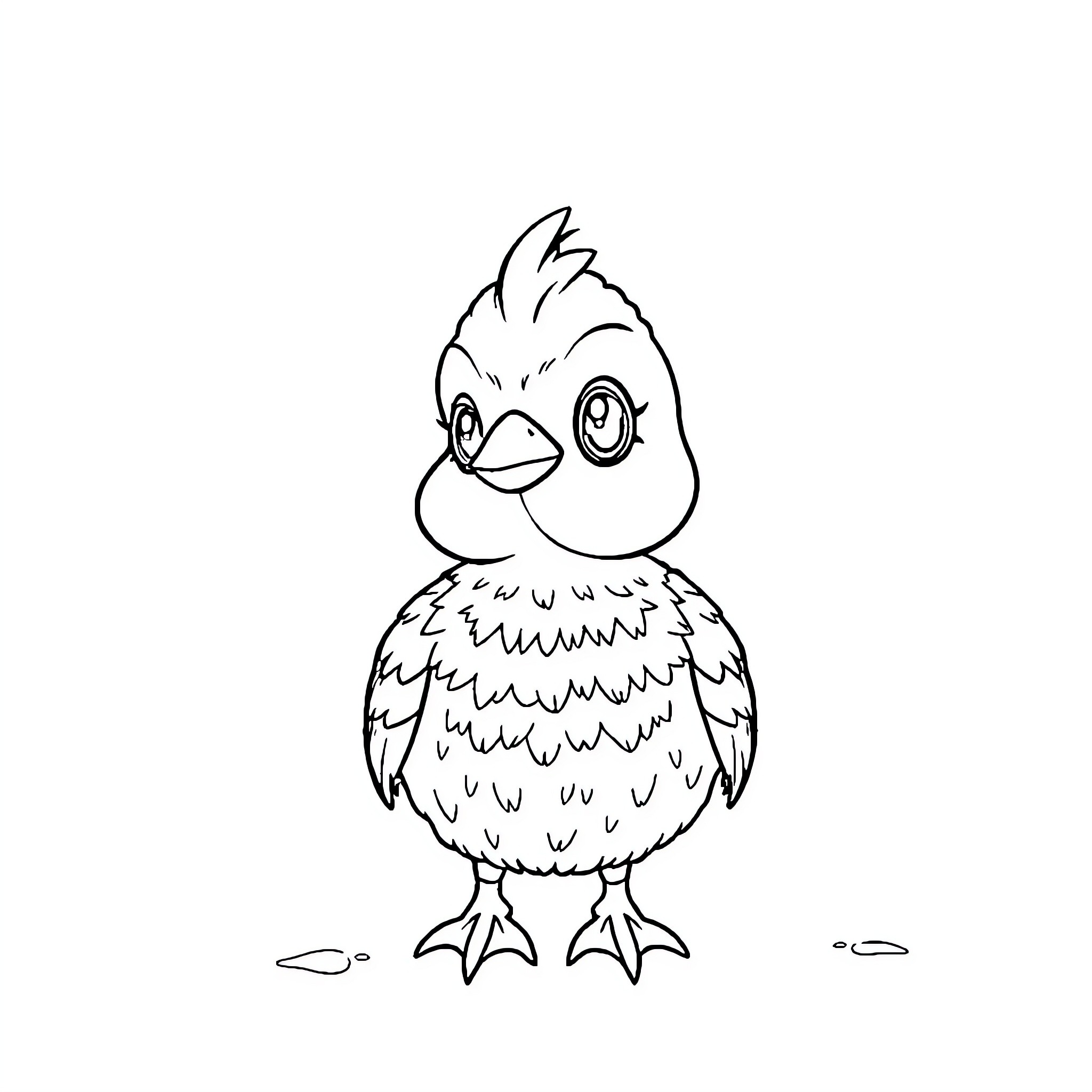 Duck character with wide eyes and feathers Coloring Page (free black-and-white line drawing printable PDF for all, from beginners to advanced learners, including children, teens, adults, and seniors)