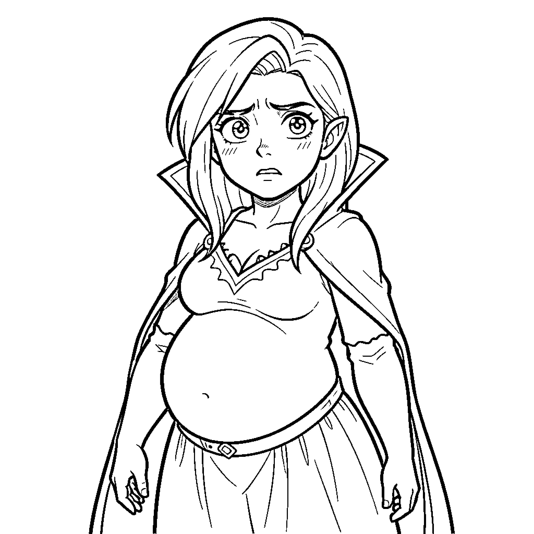 Vampire Woman with Distressed Expression Coloring Page (free black-and-white line drawing printable PDF for all, from beginners to advanced learners, including children, teens, adults, and seniors)