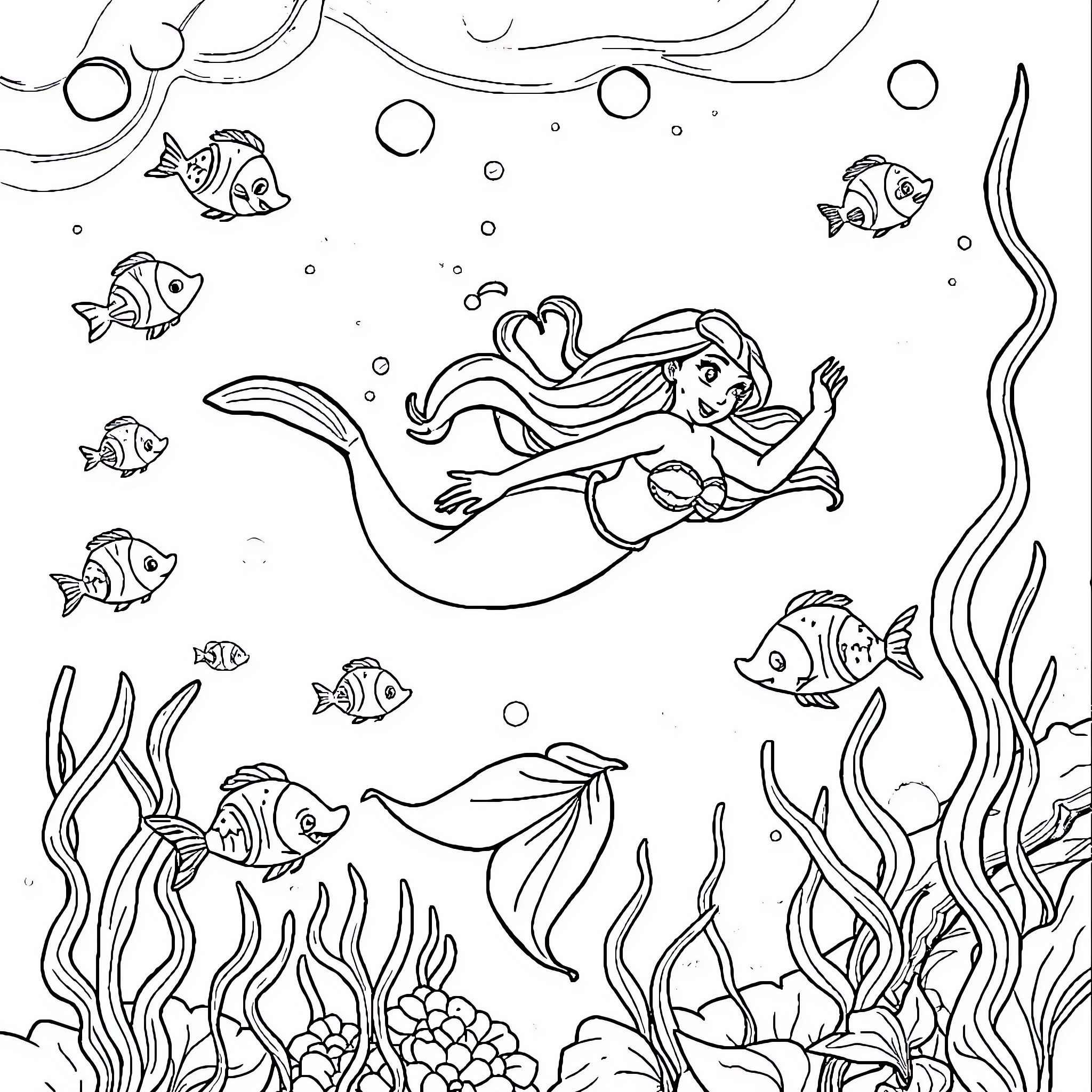 Ariel exploring the underwater world with marine life Coloring Page (free black-and-white line drawing printable PDF for all, from beginners to advanced learners, including children, teens, adults, and seniors)