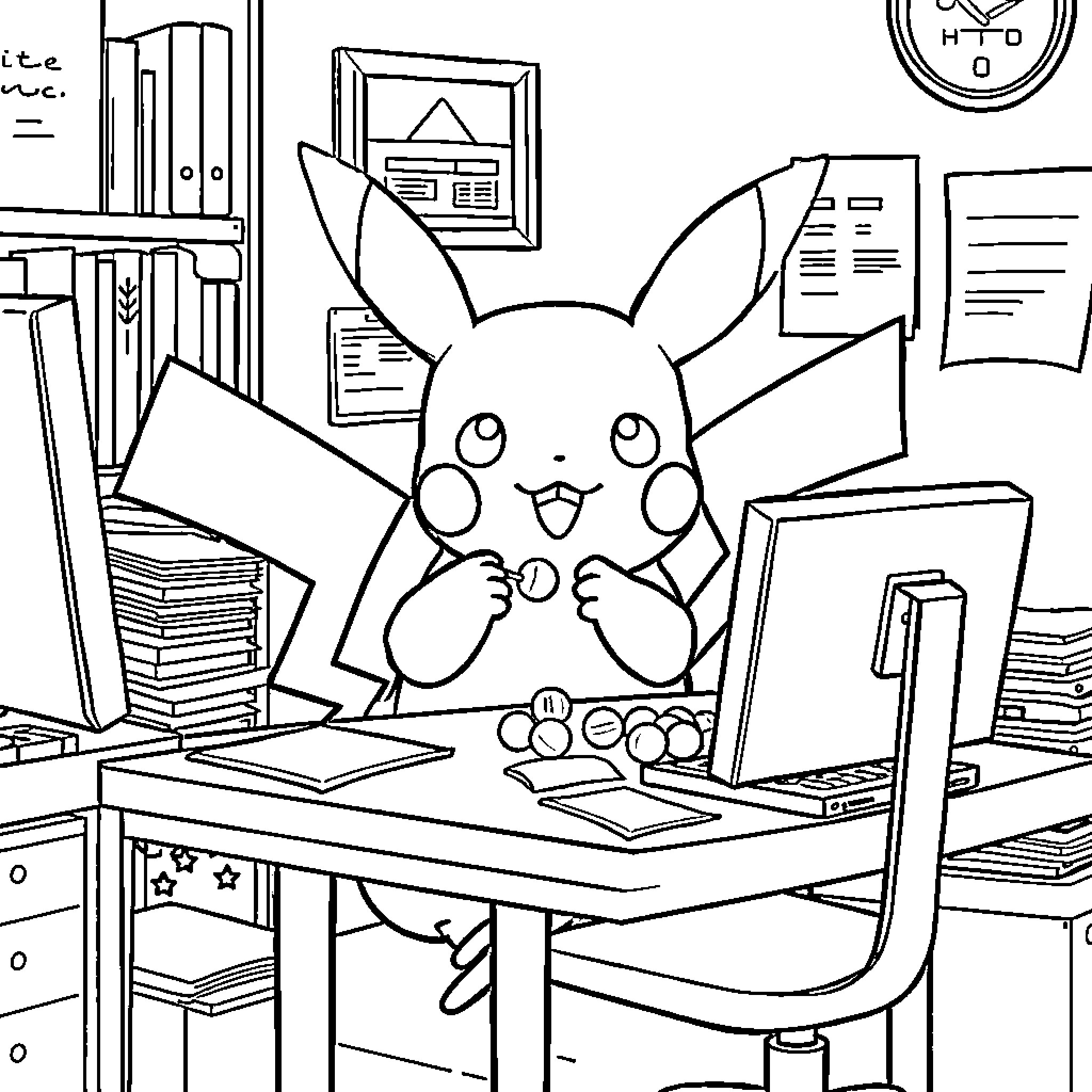 Pikachu working diligently at a cluttered desk Coloring Page (free black-and-white line drawing printable PDF for all, from beginners to advanced learners, including children, teens, adults, and seniors)