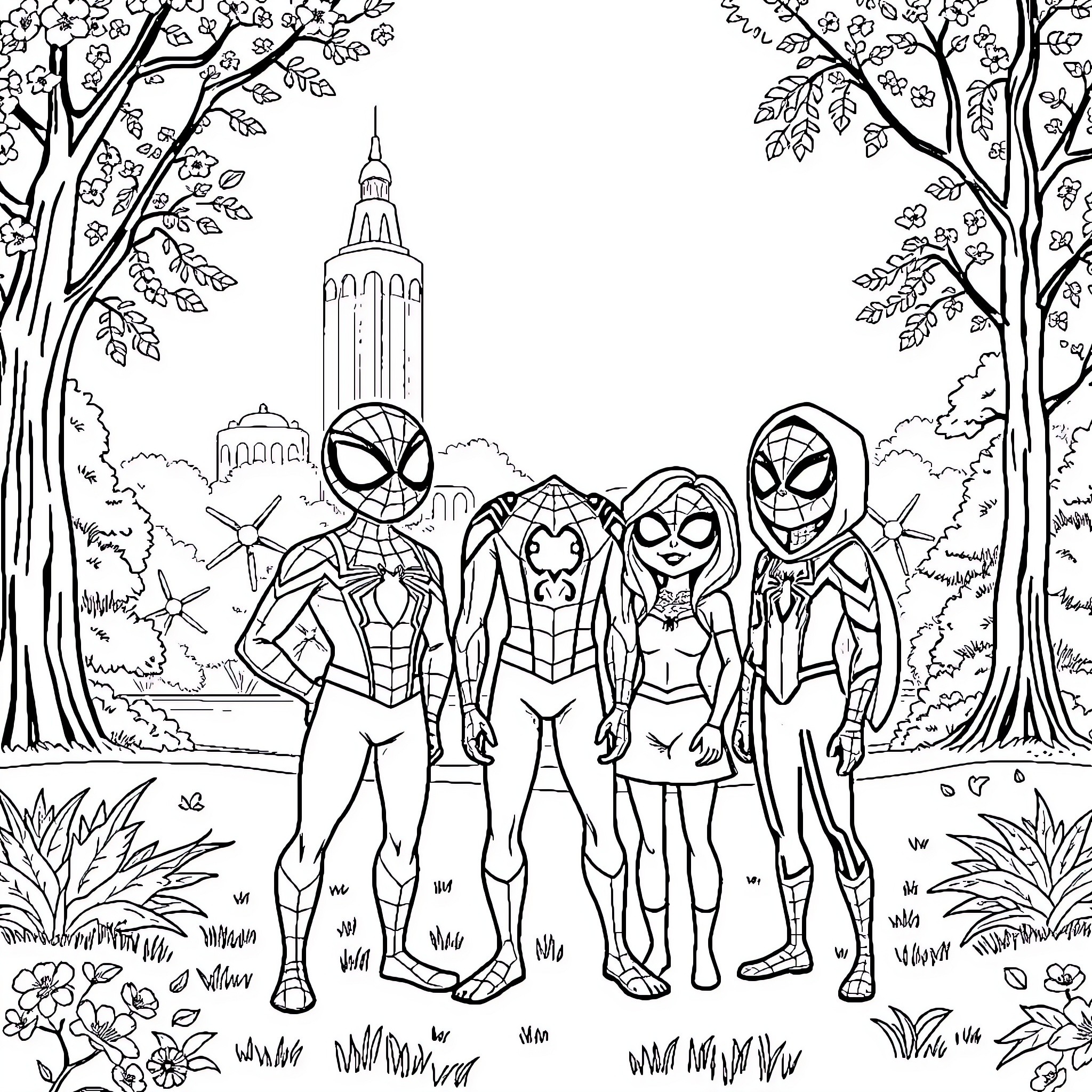 Spidey heroes assemble in scenic outdoor setting Coloring Page (free black-and-white line drawing printable PDF for all, from beginners to advanced learners, including children, teens, adults, and seniors)