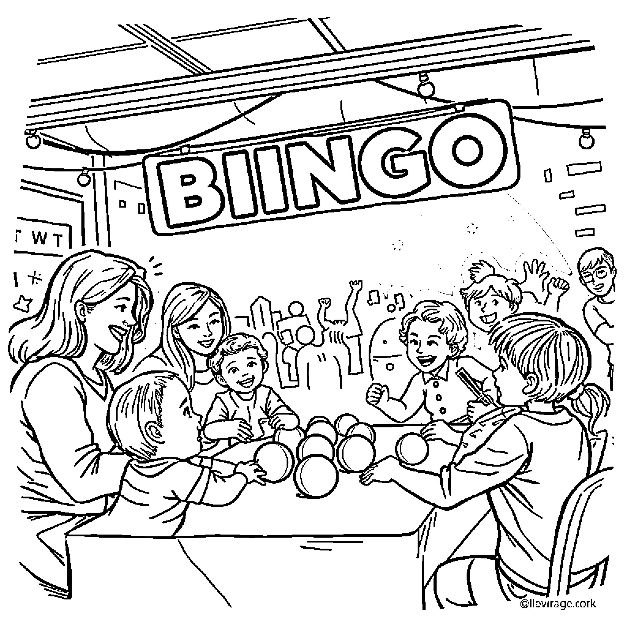 Bingo game with smiling group of people Coloring Page (free black-and-white line drawing printable PDF for all, from beginners to advanced learners, including children, teens, adults, and seniors)