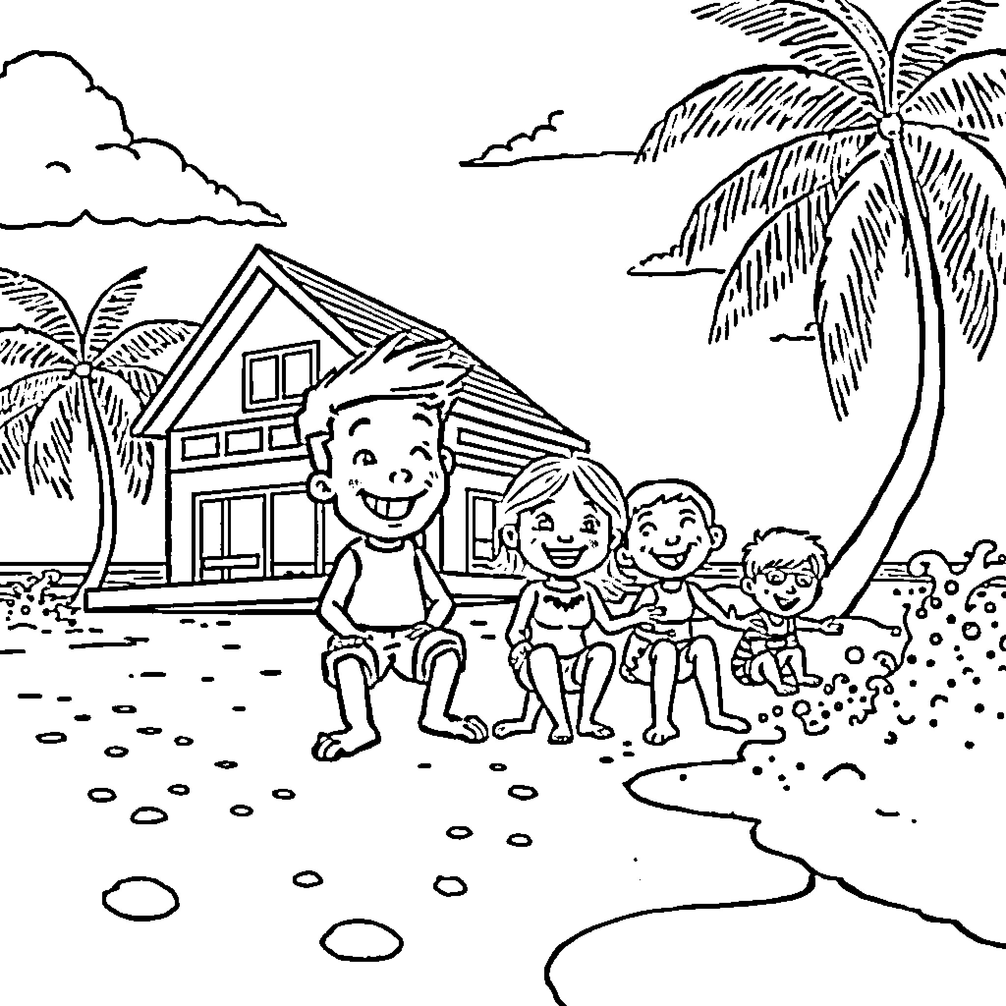 Family enjoying a tropical beach vacation Coloring Page (free black-and-white line drawing printable PDF for all, from beginners to advanced learners, including children, teens, adults, and seniors)