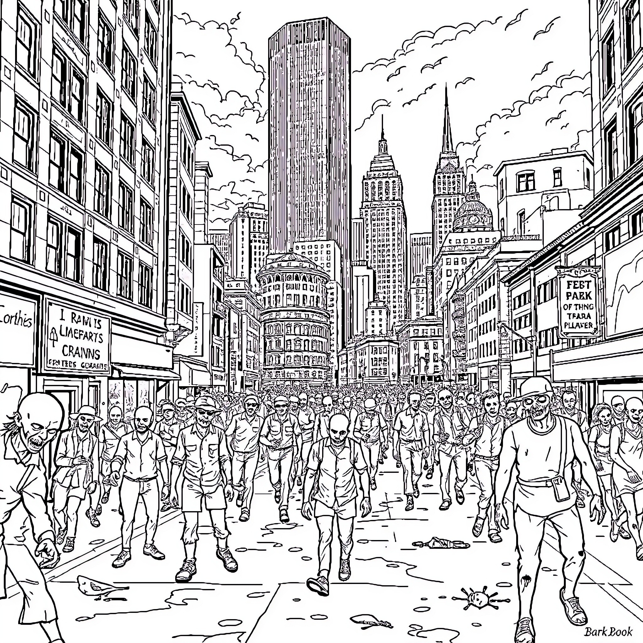 Zombie Crowd Chaos in Bustling City Streets Coloring Page (free black-and-white line drawing printable PDF for all, from beginners to advanced learners, including children, teens, adults, and seniors)