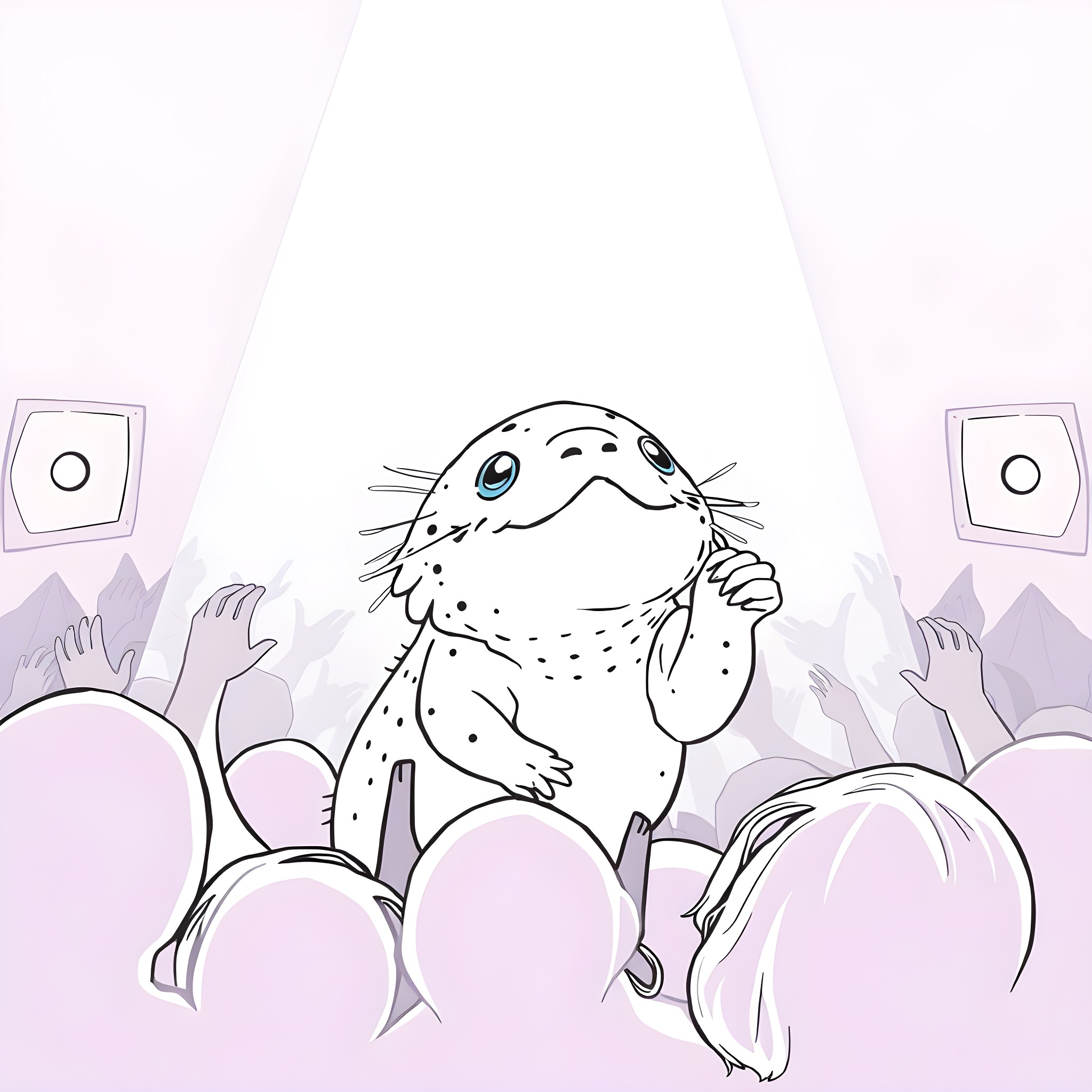 Axolotl performing on stage in front of audience Coloring Page (free black-and-white line drawing printable PDF for all, from beginners to advanced learners, including children, teens, adults, and seniors)