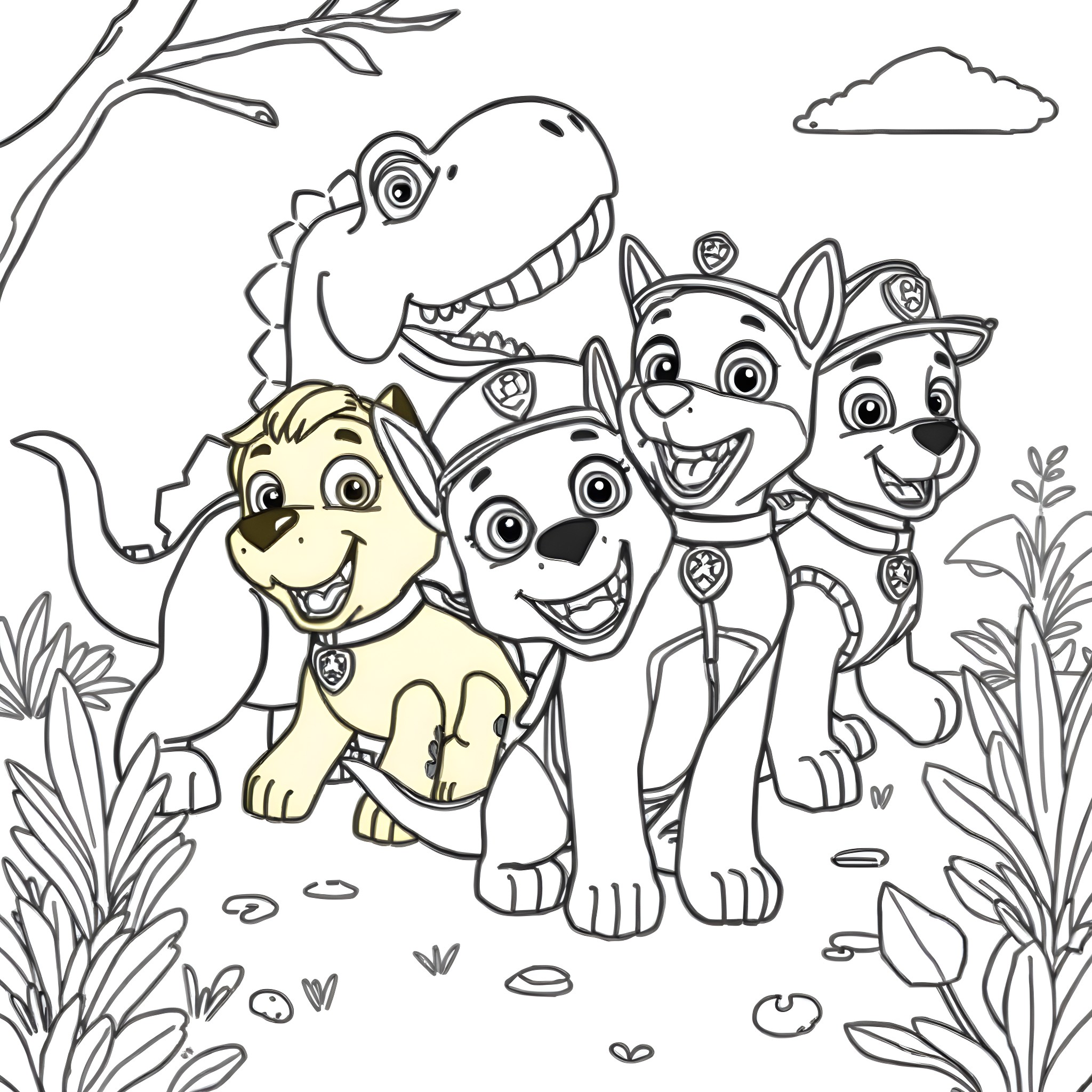 Paw Patrol on an adventure in the forest Coloring Page (free black-and-white line drawing printable PDF for all, from beginners to advanced learners, including children, teens, adults, and seniors)