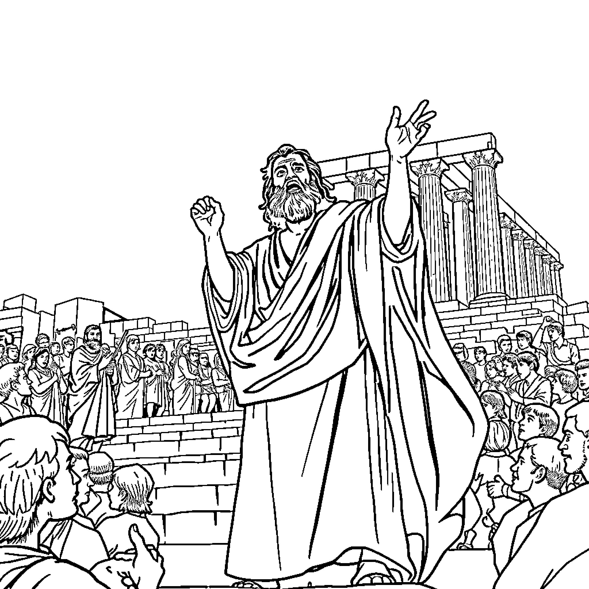 Apostle Paul Preaching to the Crowd Coloring Page (free black-and-white line drawing printable PDF for all, from beginners to advanced learners, including children, teens, adults, and seniors)