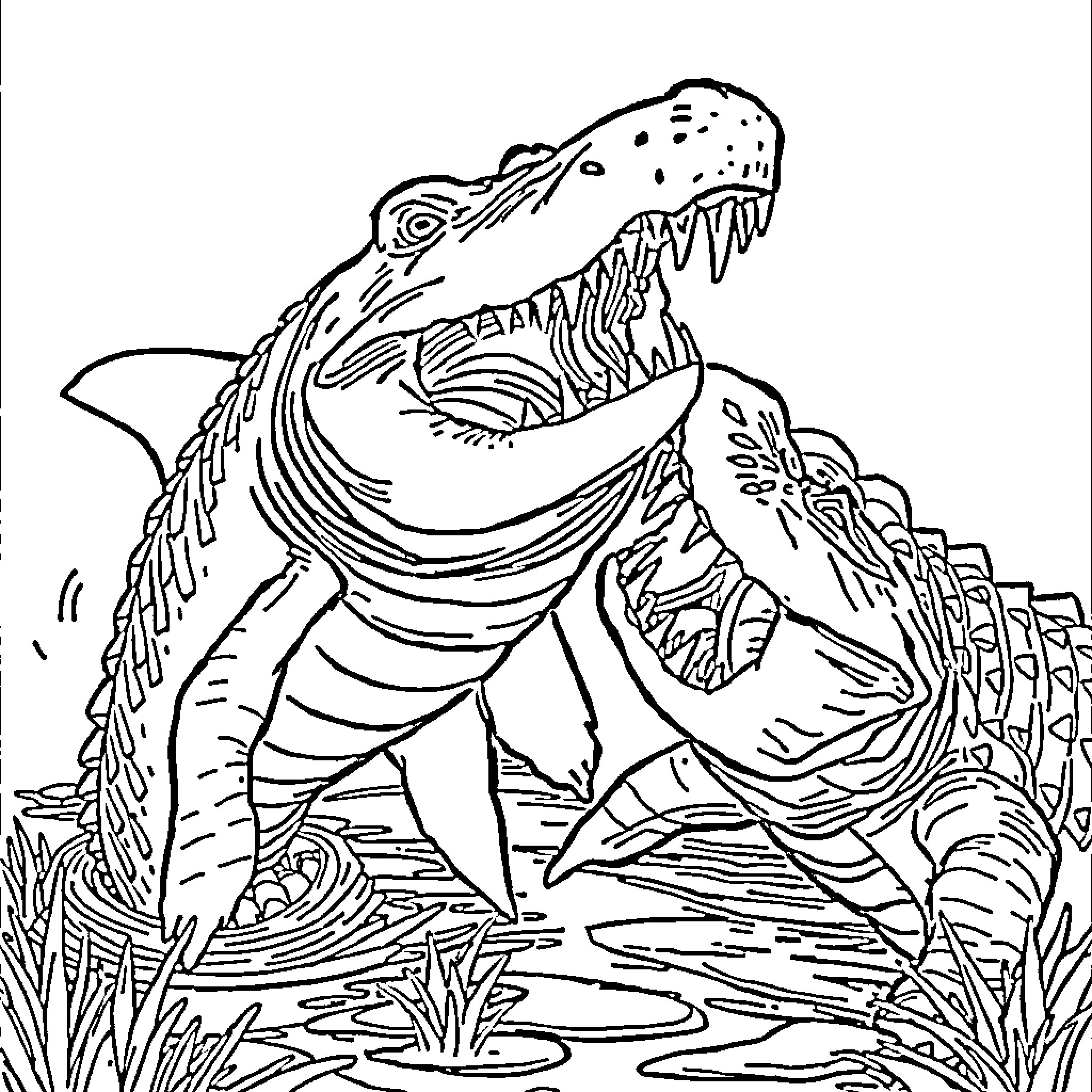 Shark about to attack in the wild Coloring Page (free black-and-white line drawing printable PDF for all, from beginners to advanced learners, including children, teens, adults, and seniors)