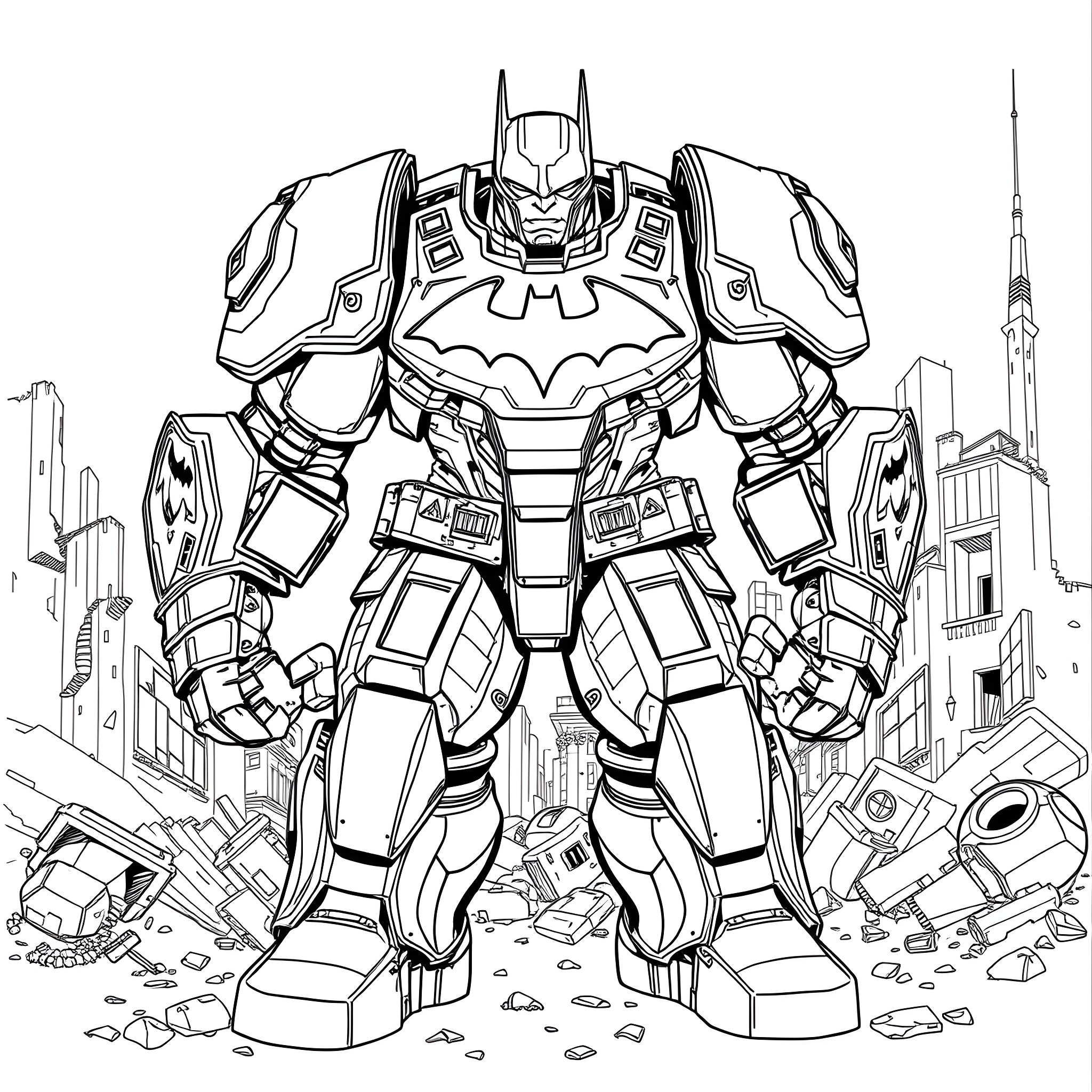 Ironman Superhero Battles Amidst Cityscape Coloring Page (free black-and-white line drawing printable PDF for all, from beginners to advanced learners, including children, teens, adults, and seniors)