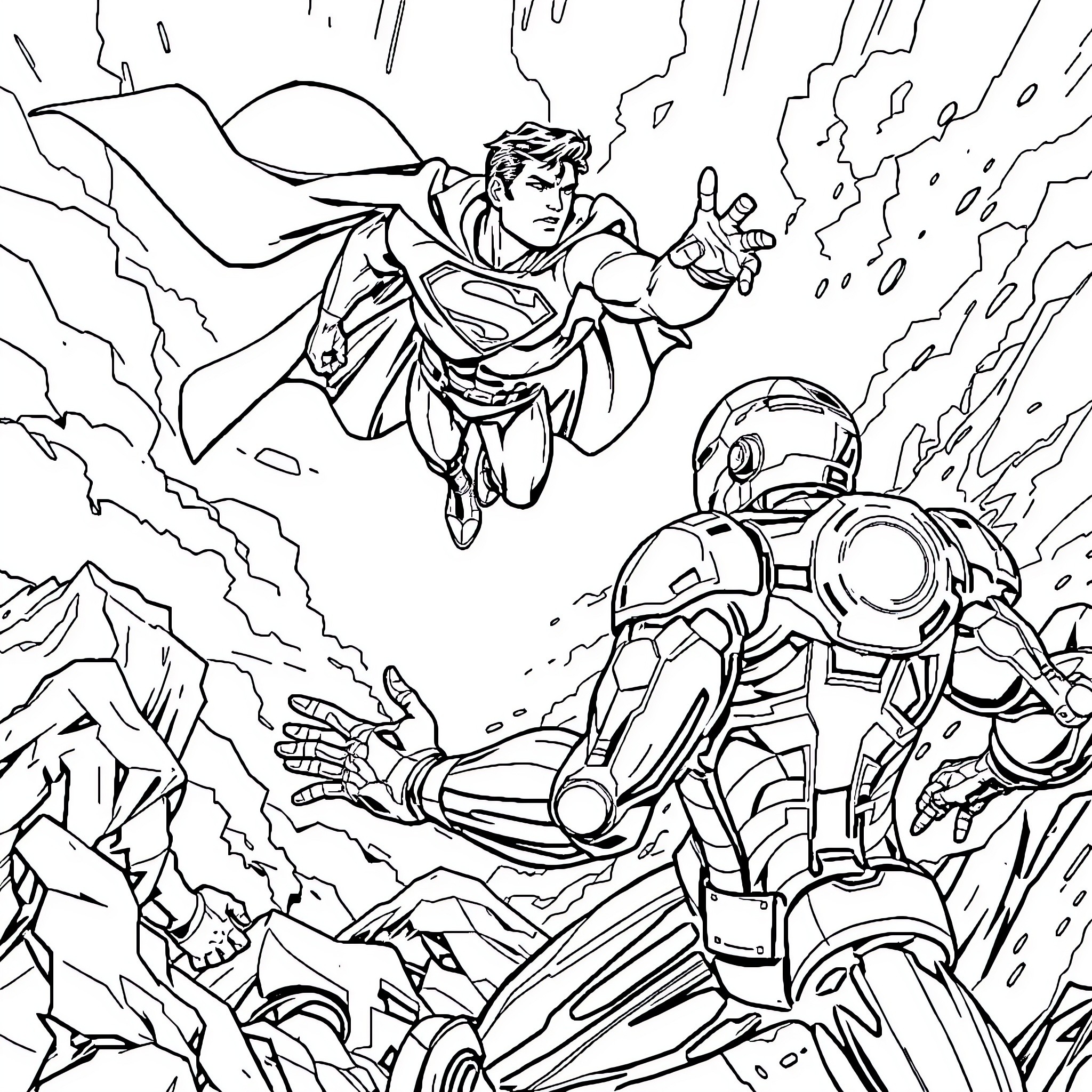 Superman battling a powerful enemy in epic confrontation Coloring Page (free black-and-white line drawing printable PDF for all, from beginners to advanced learners, including children, teens, adults, and seniors)