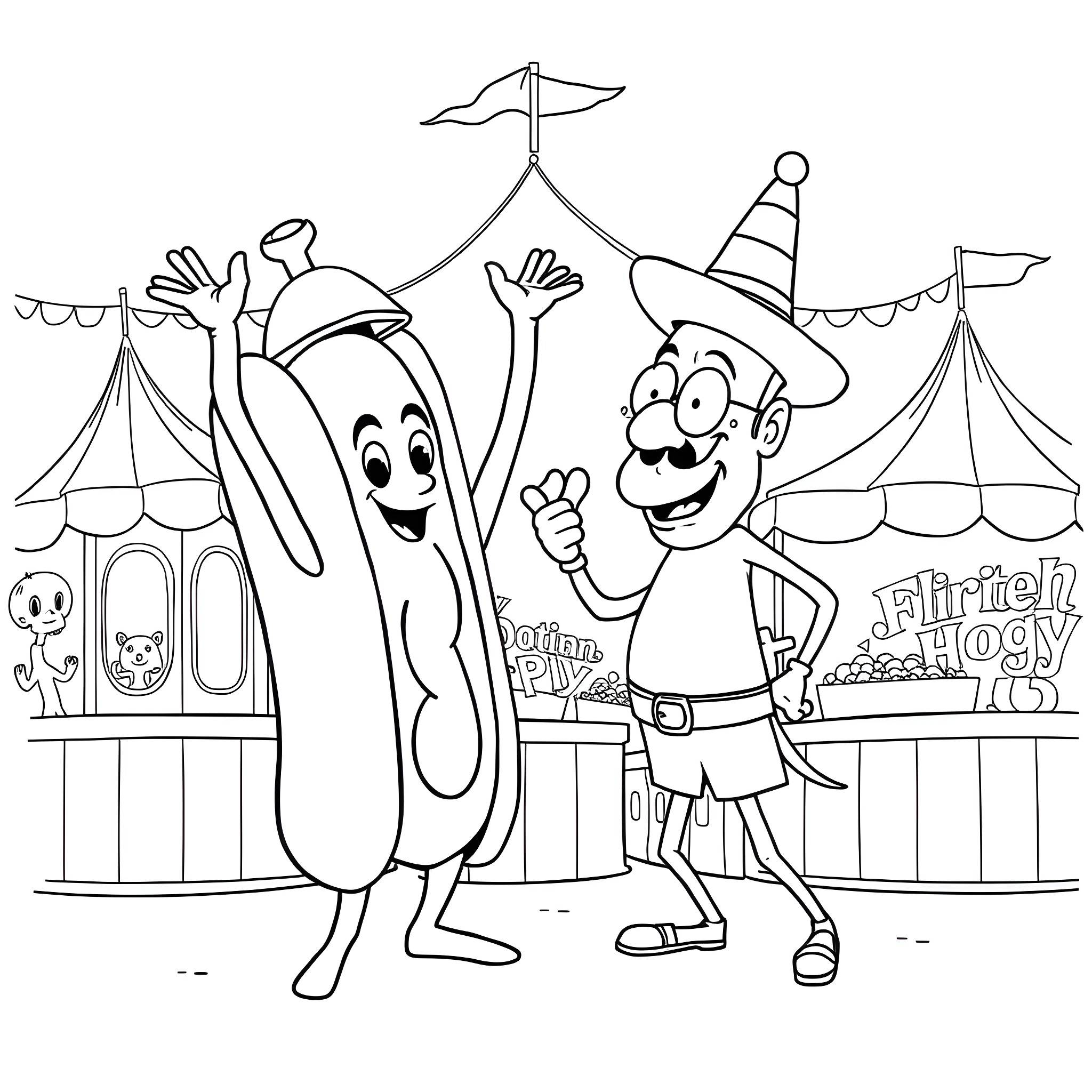 Hotdog and clown at carnival fair Coloring Page (free black-and-white line drawing printable PDF for all, from beginners to advanced learners, including children, teens, adults, and seniors)