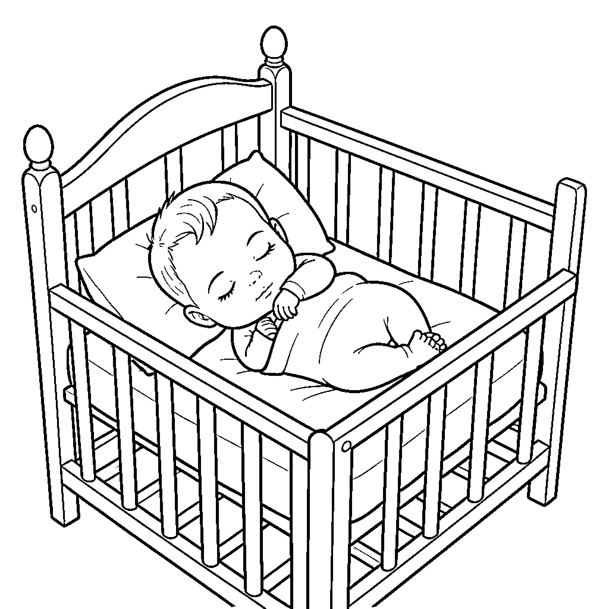 Baby sleeping peacefully in a wooden crib Coloring Page (free black-and-white line drawing printable PDF for all, from beginners to advanced learners, including children, teens, adults, and seniors)