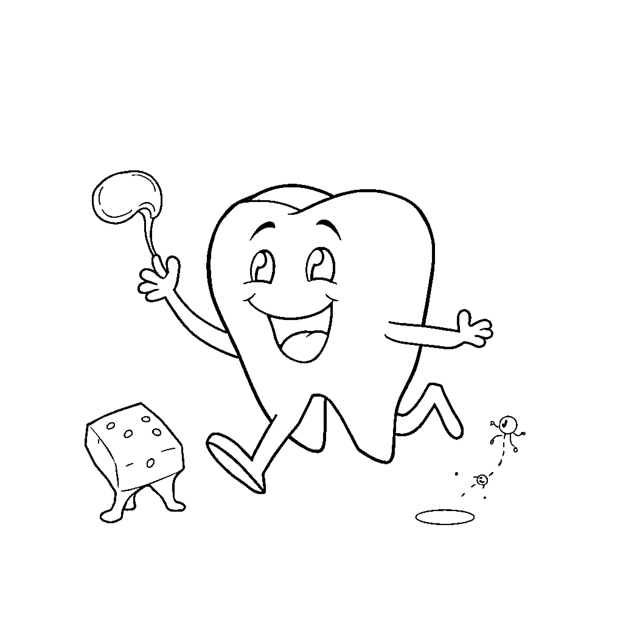 Tooth character playing with dental toys Coloring Page (free black-and-white line drawing printable PDF for all, from beginners to advanced learners, including children, teens, adults, and seniors)