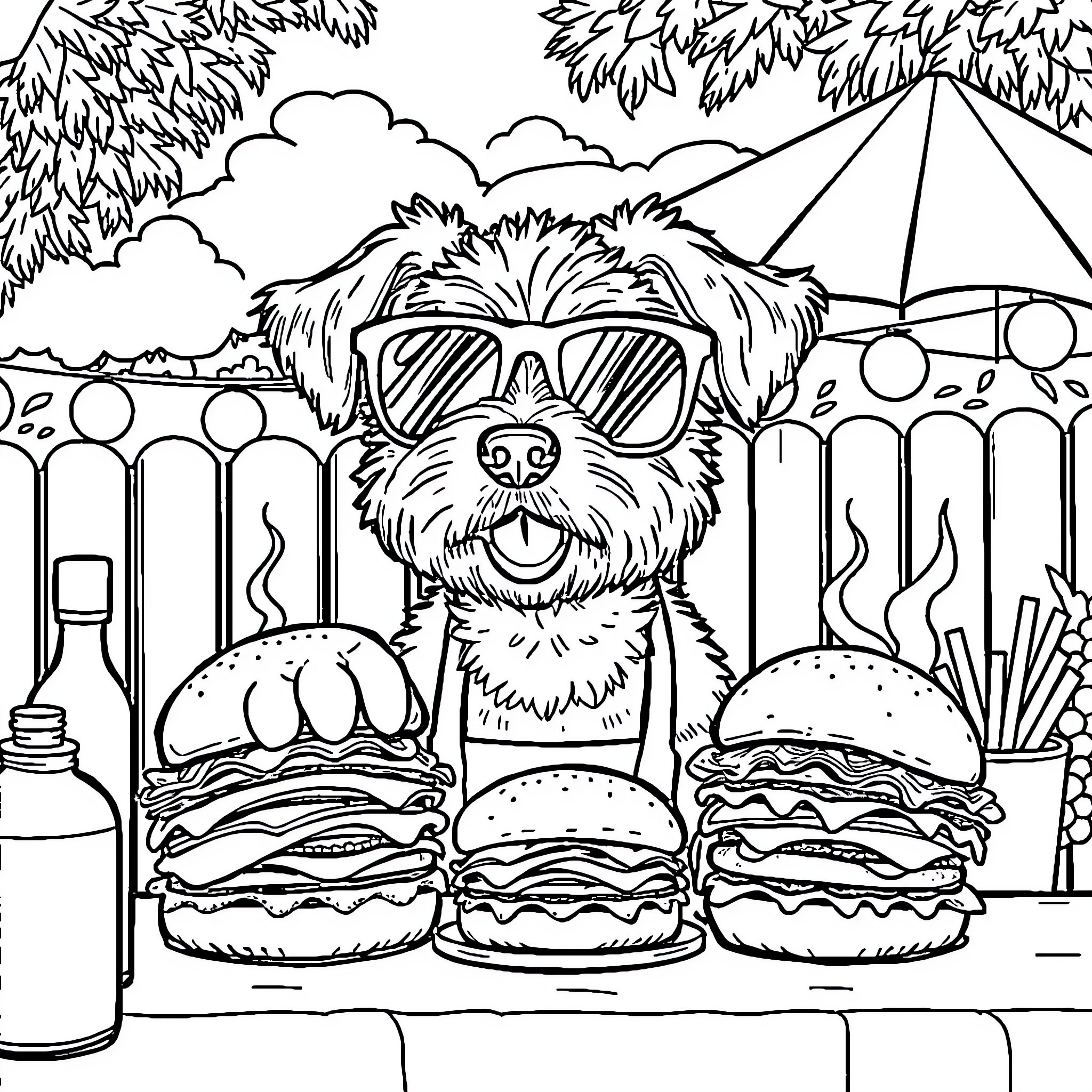 Bichon Frise enjoying a picnic with burgers and fries Coloring Page (free black-and-white line drawing printable PDF for all, from beginners to advanced learners, including children, teens, adults, and seniors)