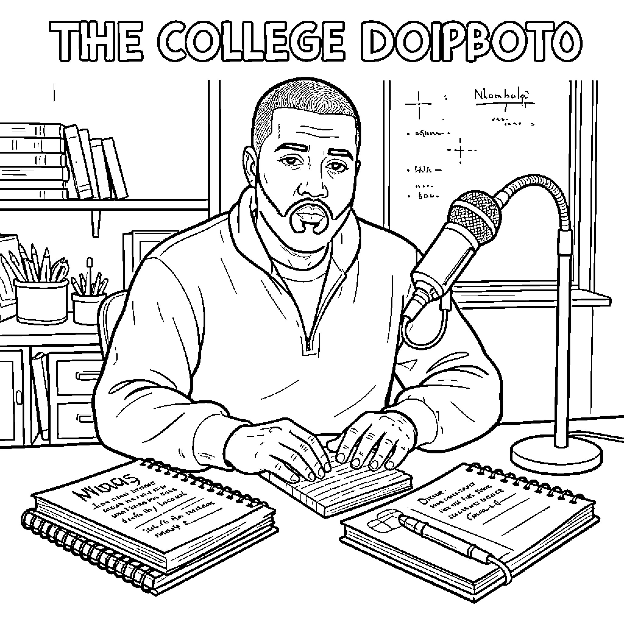 Kanye speaking into a microphone at a desk Coloring Page (free black-and-white line drawing printable PDF for all, from beginners to advanced learners, including children, teens, adults, and seniors)