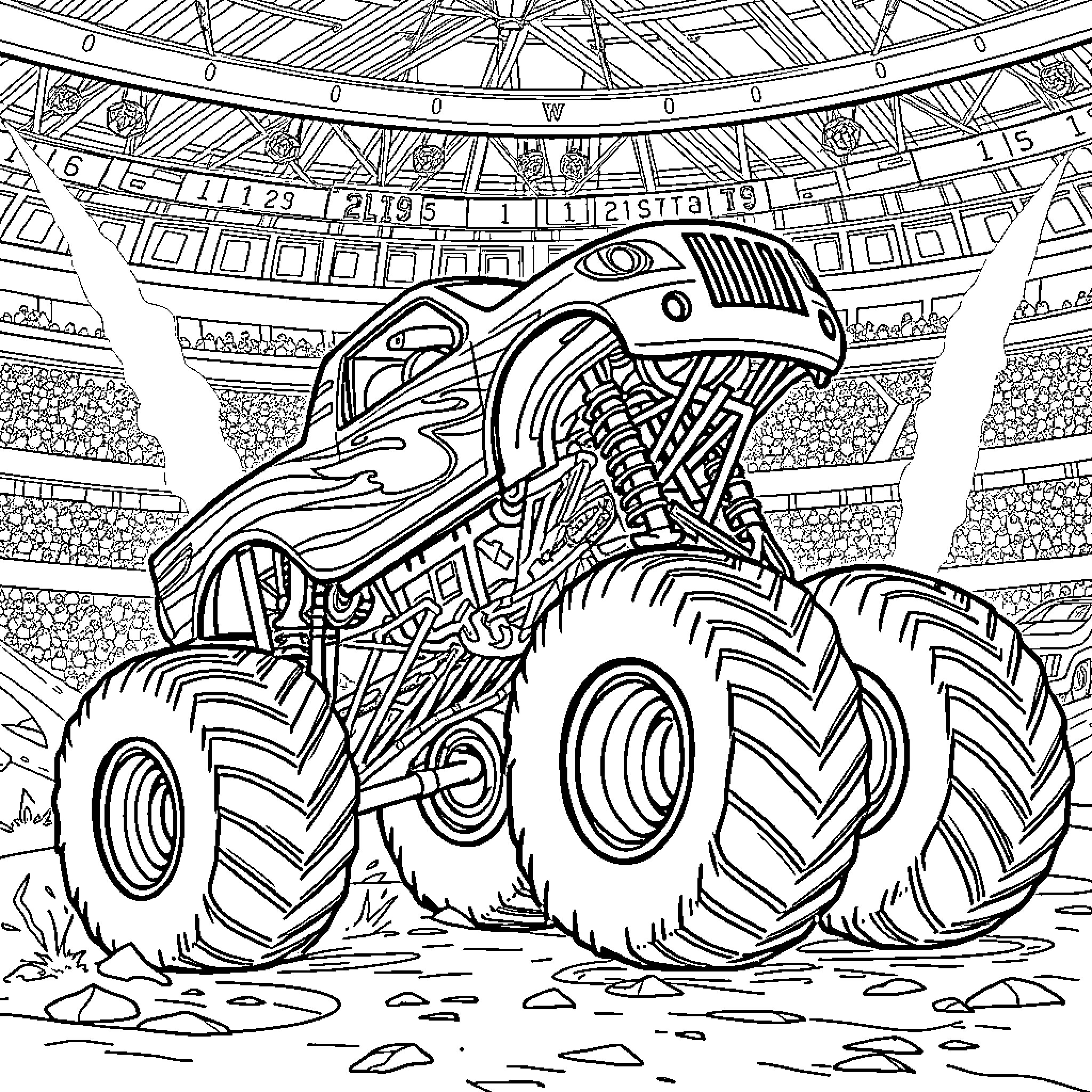 Monster Truck Crushing Rocks in the Stadium Coloring Page (free black-and-white line drawing printable PDF for all, from beginners to advanced learners, including children, teens, adults, and seniors)