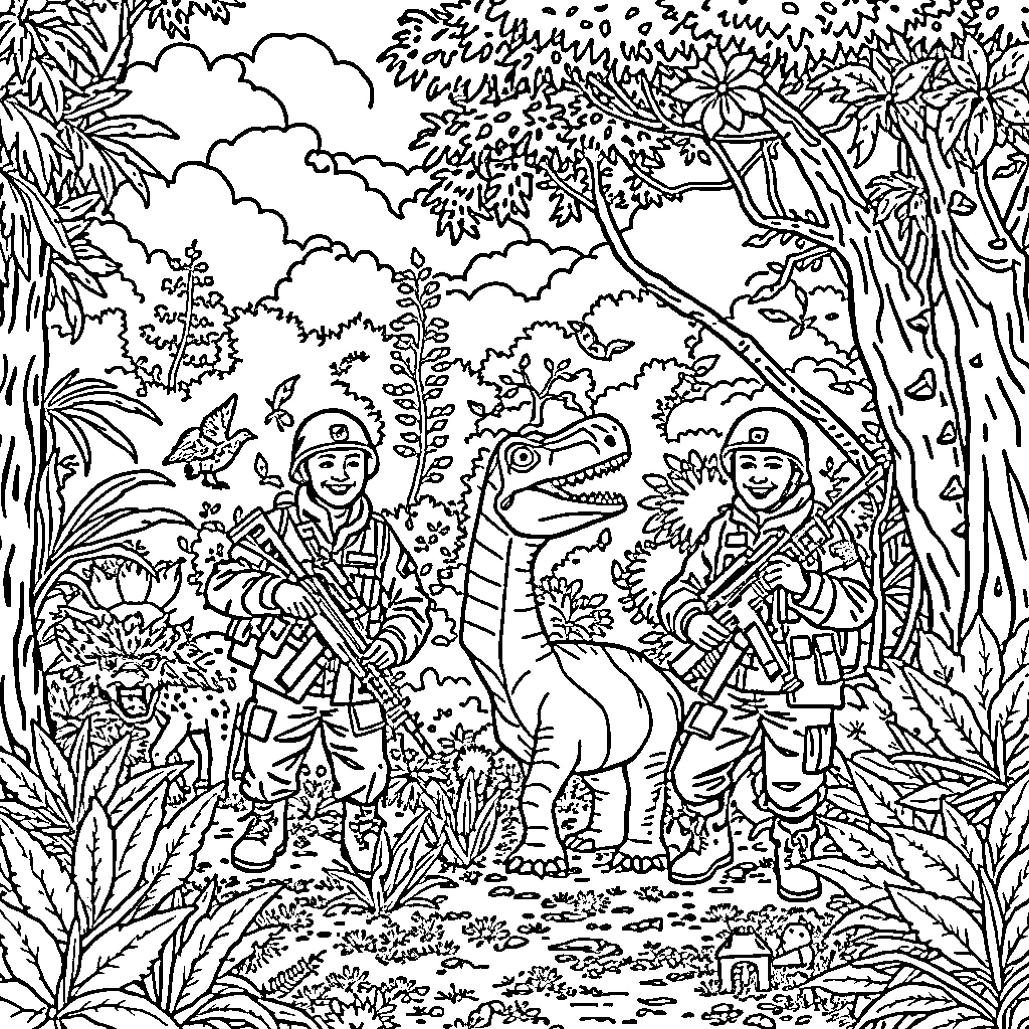 Gendarme officers encountering prehistoric creatures in the jungle Coloring Page (free black-and-white line drawing printable PDF for all, from beginners to advanced learners, including children, teens, adults, and seniors)