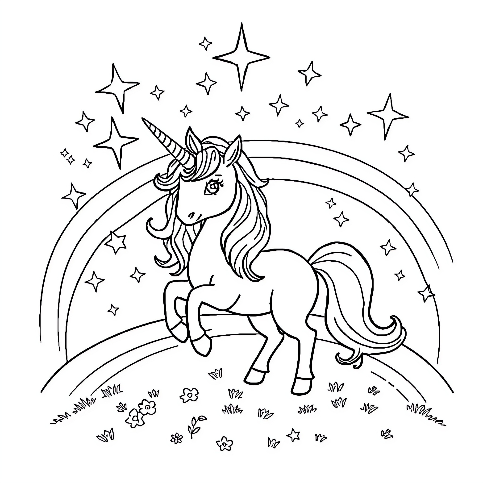 Unicorn prancing through a starry sky Coloring Page (free black-and-white line drawing printable PDF for all, from beginners to advanced learners, including children, teens, adults, and seniors)