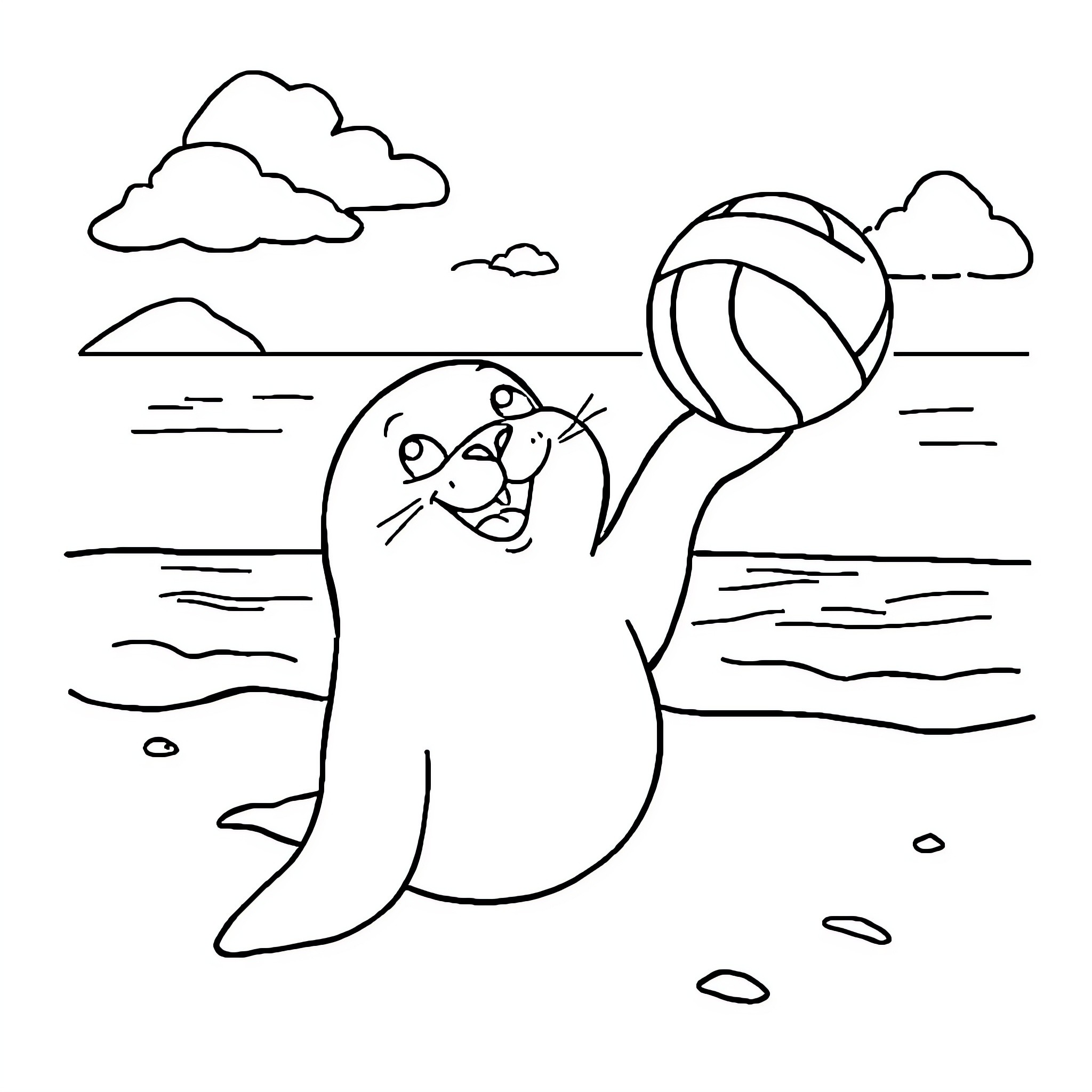 Seal playing with beach ball on the shore Coloring Page (free black-and-white line drawing printable PDF for all, from beginners to advanced learners, including children, teens, adults, and seniors)