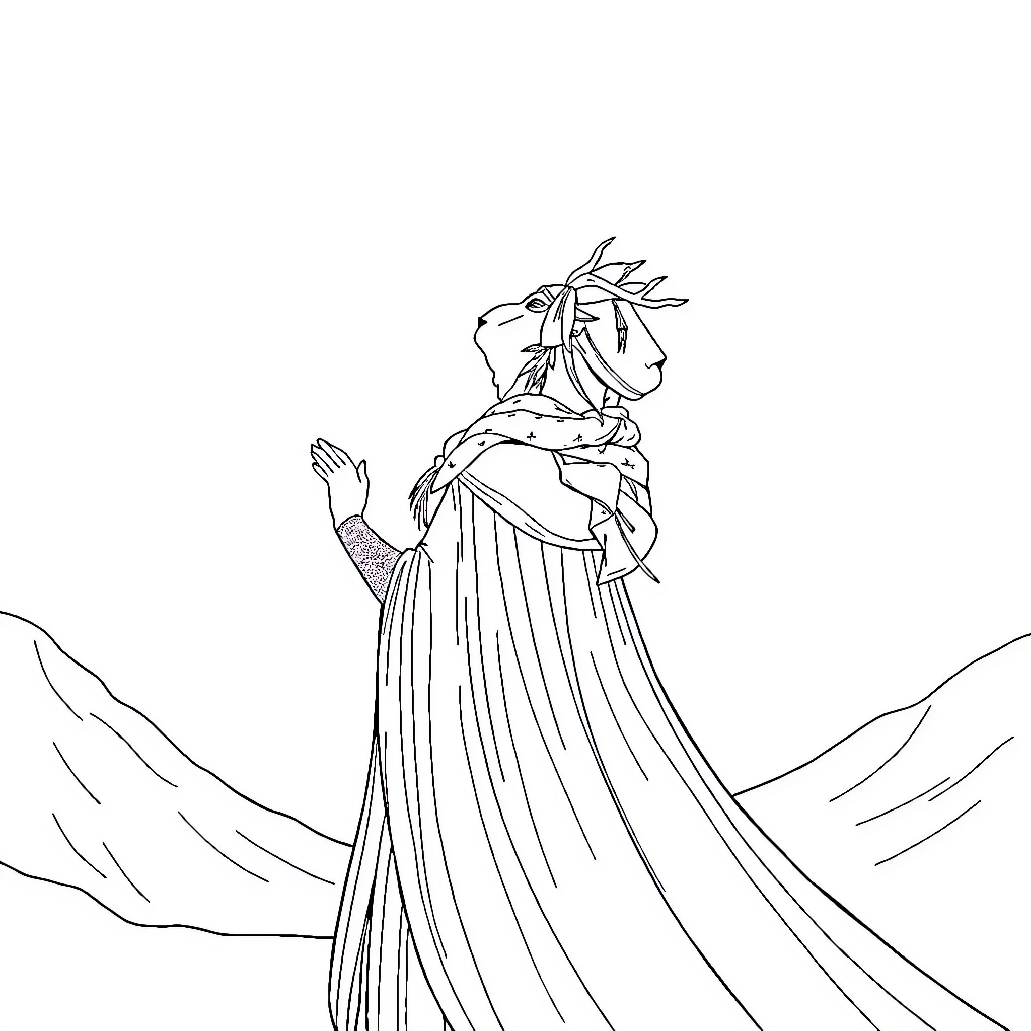 Queen in Elegant Robe Stands Amidst Mountains Coloring Page (free black-and-white line drawing printable PDF for all, from beginners to advanced learners, including children, teens, adults, and seniors)
