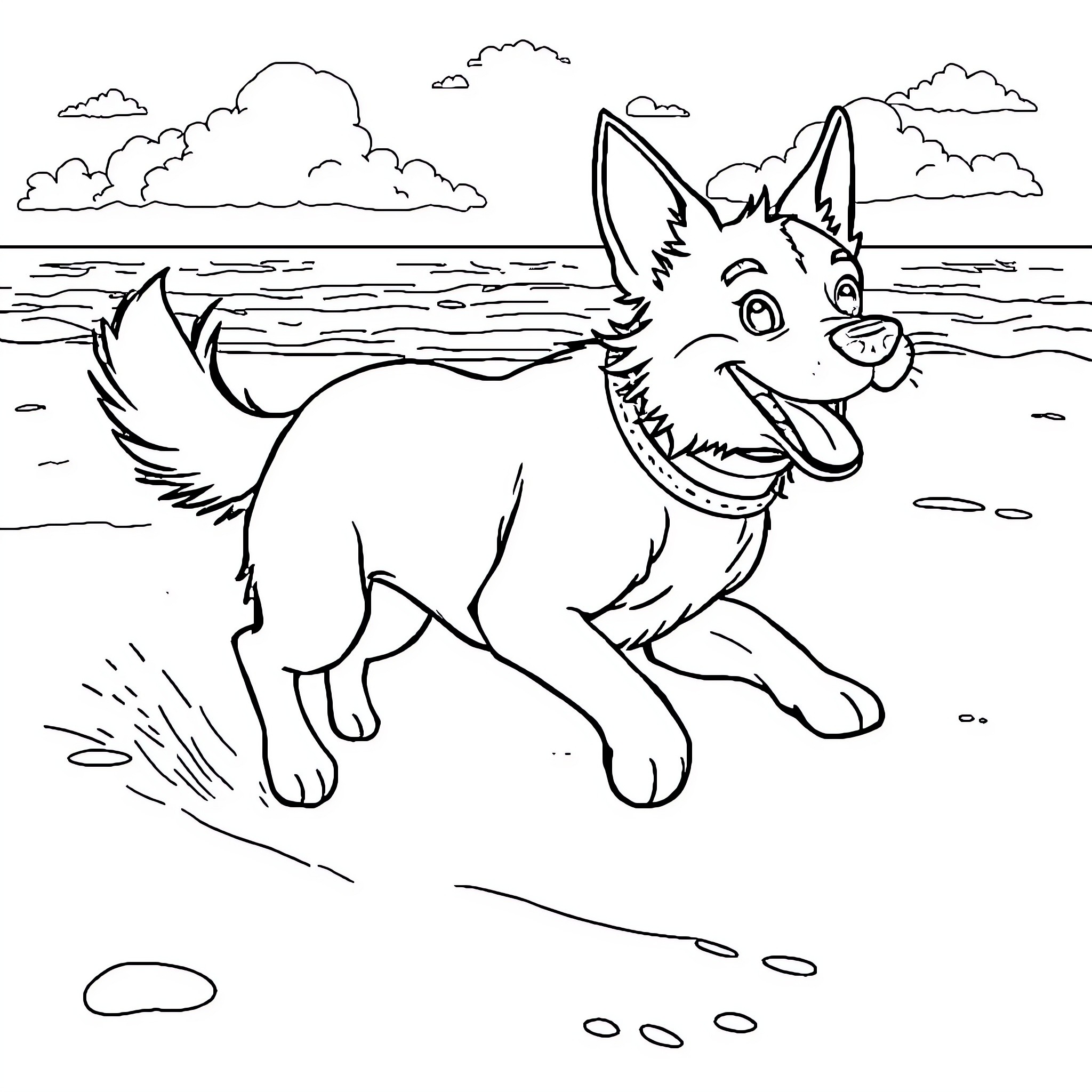 Bluey playing joyfully by the ocean Coloring Page (free black-and-white line drawing printable PDF for all, from beginners to advanced learners, including children, teens, adults, and seniors)