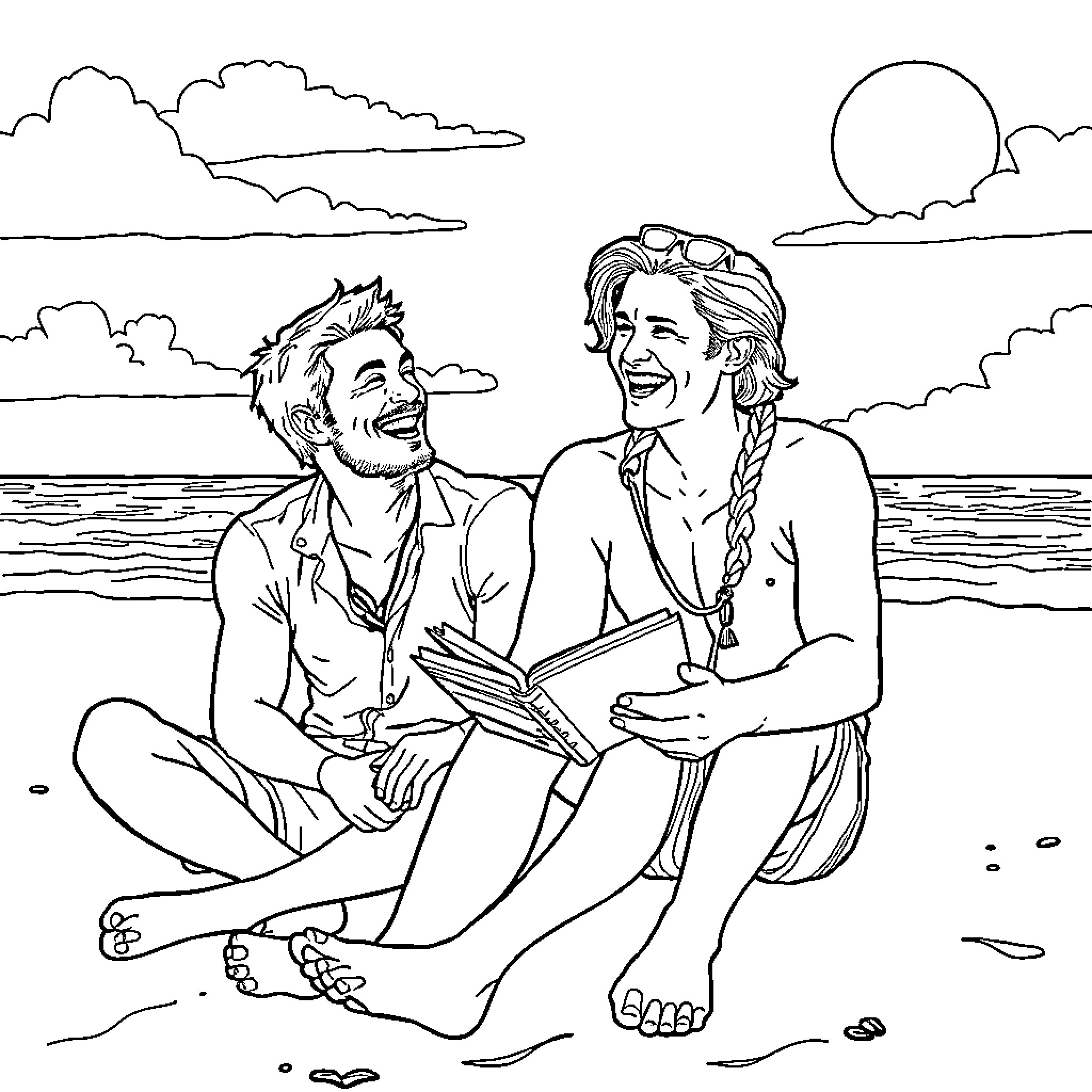 Charlie Pace and friend enjoying the beach scene Coloring Page (free black-and-white line drawing printable PDF for all, from beginners to advanced learners, including children, teens, adults, and seniors)