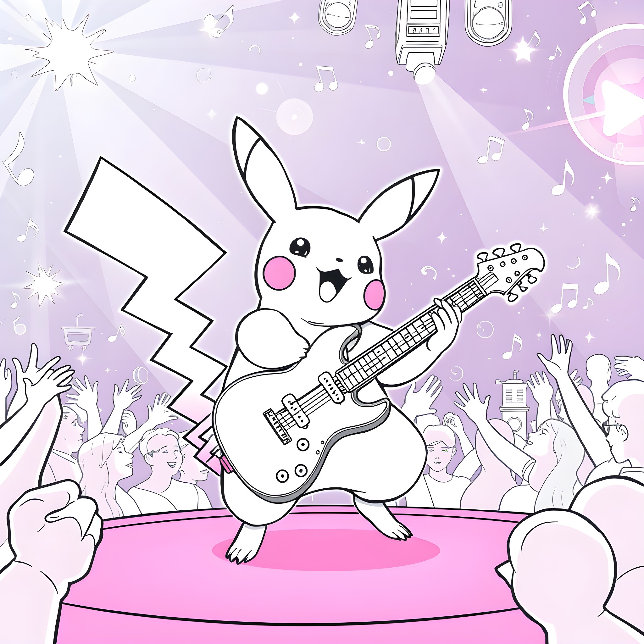Pikachu rocking out on stage with guitar Coloring Page (free black-and-white line drawing printable PDF for all, from beginners to advanced learners, including children, teens, adults, and seniors)