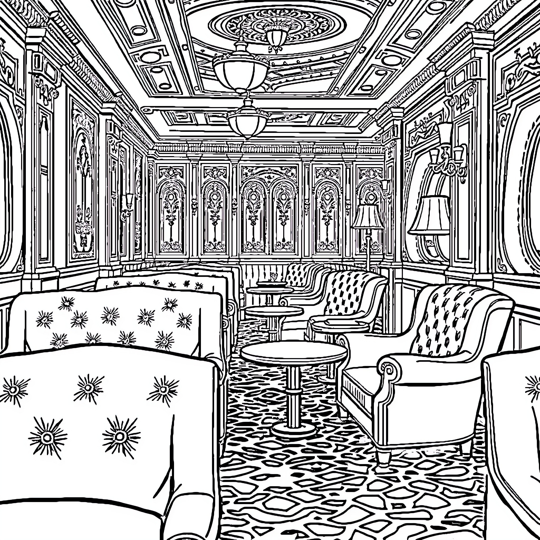 Titanic Opulent Interiors and Furnishings Coloring Page (free black-and-white line drawing printable PDF for all, from beginners to advanced learners, including children, teens, adults, and seniors)