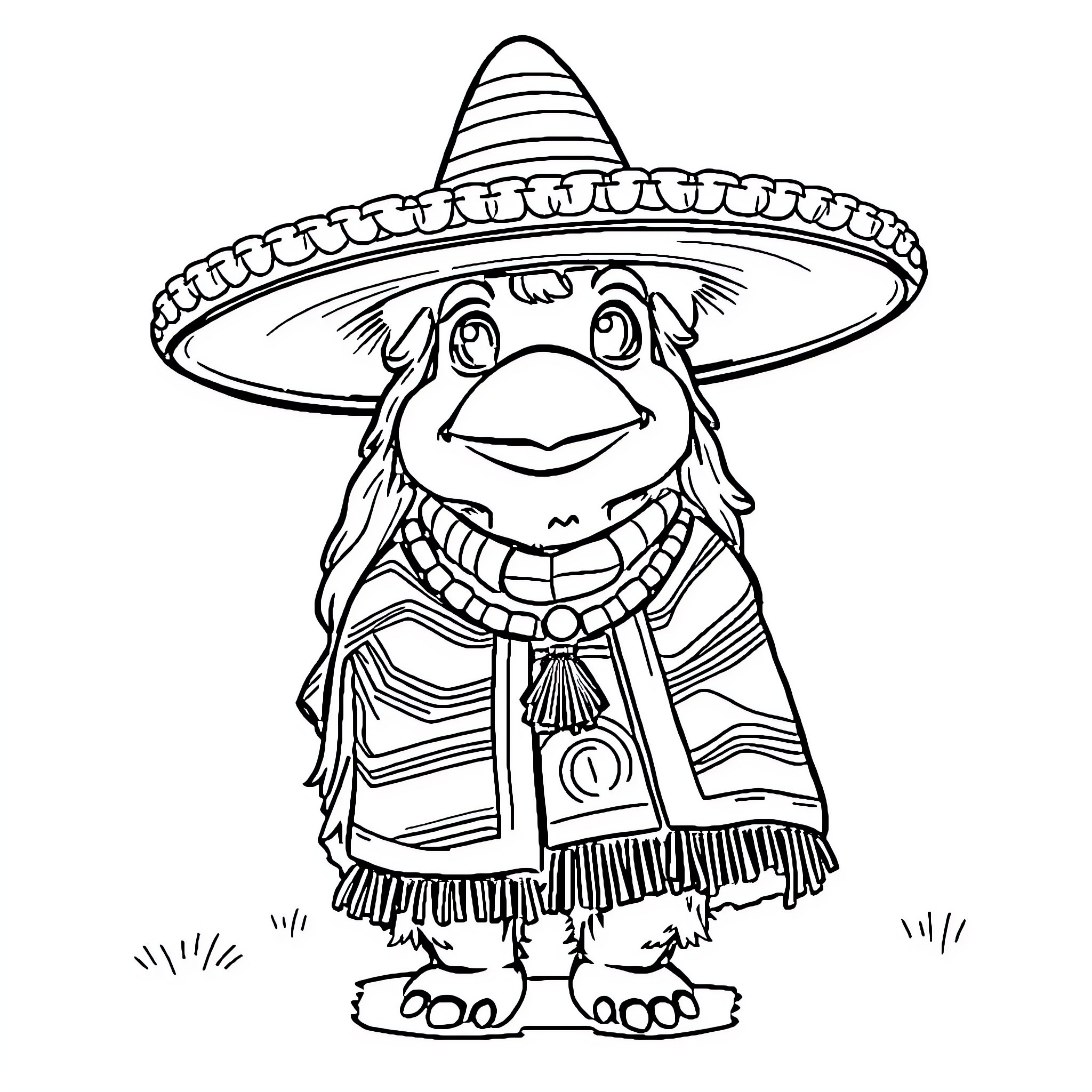 Llama wearing traditional Mexican attire Coloring Page (free black-and-white line drawing printable PDF for all, from beginners to advanced learners, including children, teens, adults, and seniors)