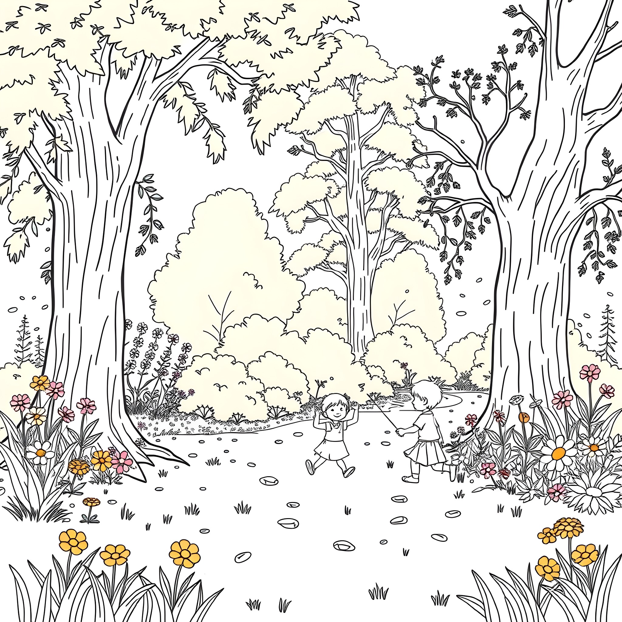 Children playing happily in a lush forest Coloring Page (free black-and-white line drawing printable PDF for all, from beginners to advanced learners, including children, teens, adults, and seniors)