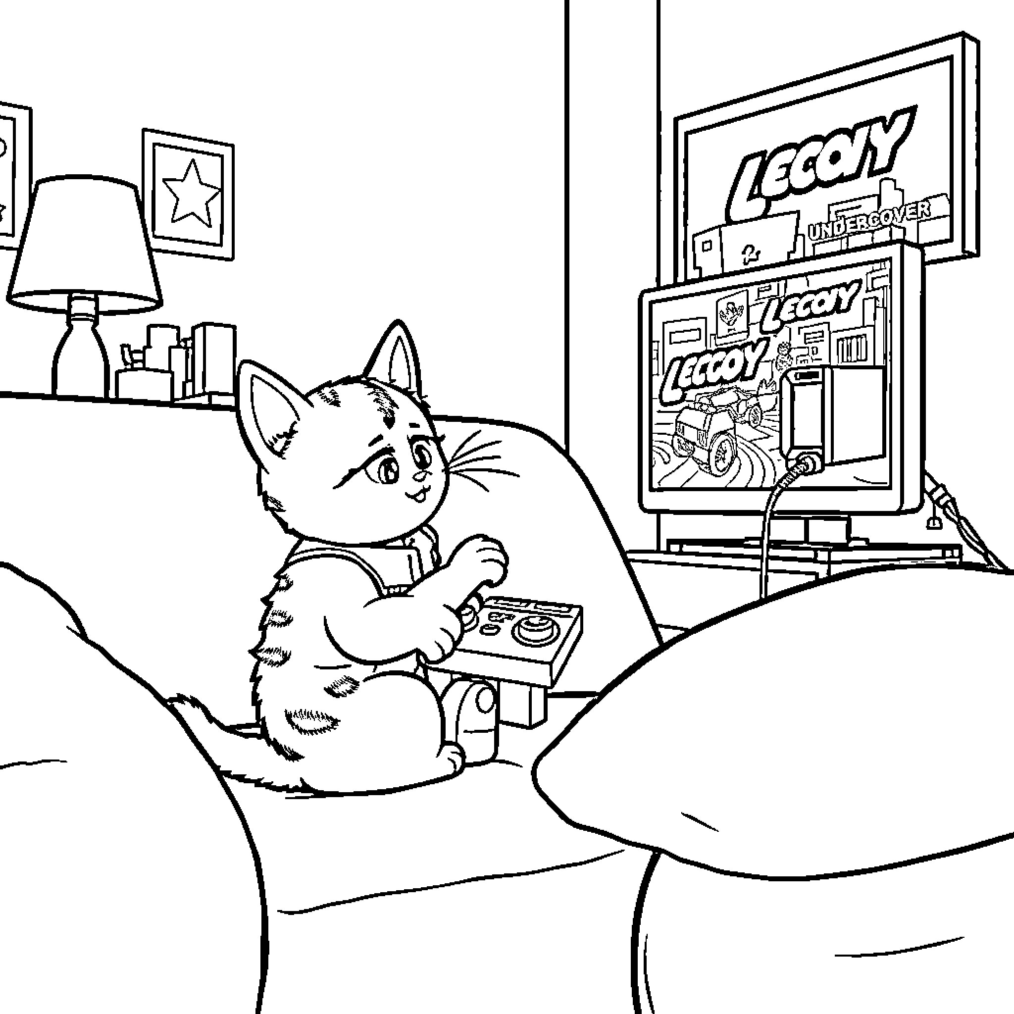 Kitten playing video game on a couch Coloring Page (free black-and-white line drawing printable PDF for all, from beginners to advanced learners, including children, teens, adults, and seniors)