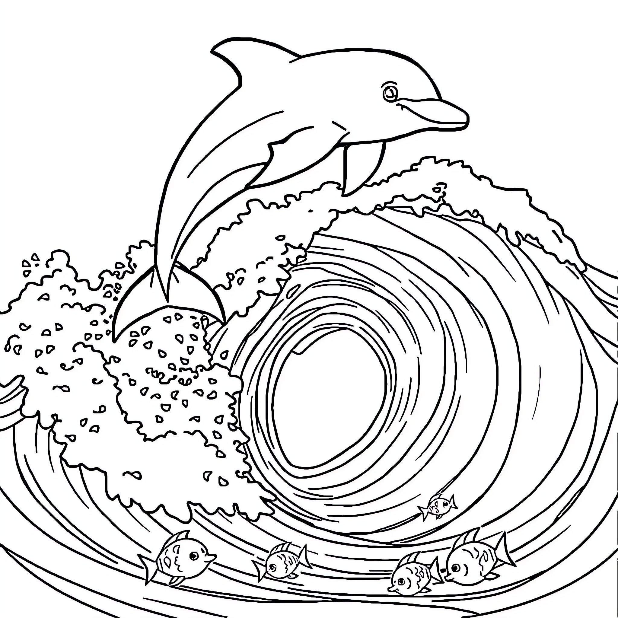 Dolphin jumping over crashing ocean waves Coloring Page (free black-and-white line drawing printable PDF for all, from beginners to advanced learners, including children, teens, adults, and seniors)