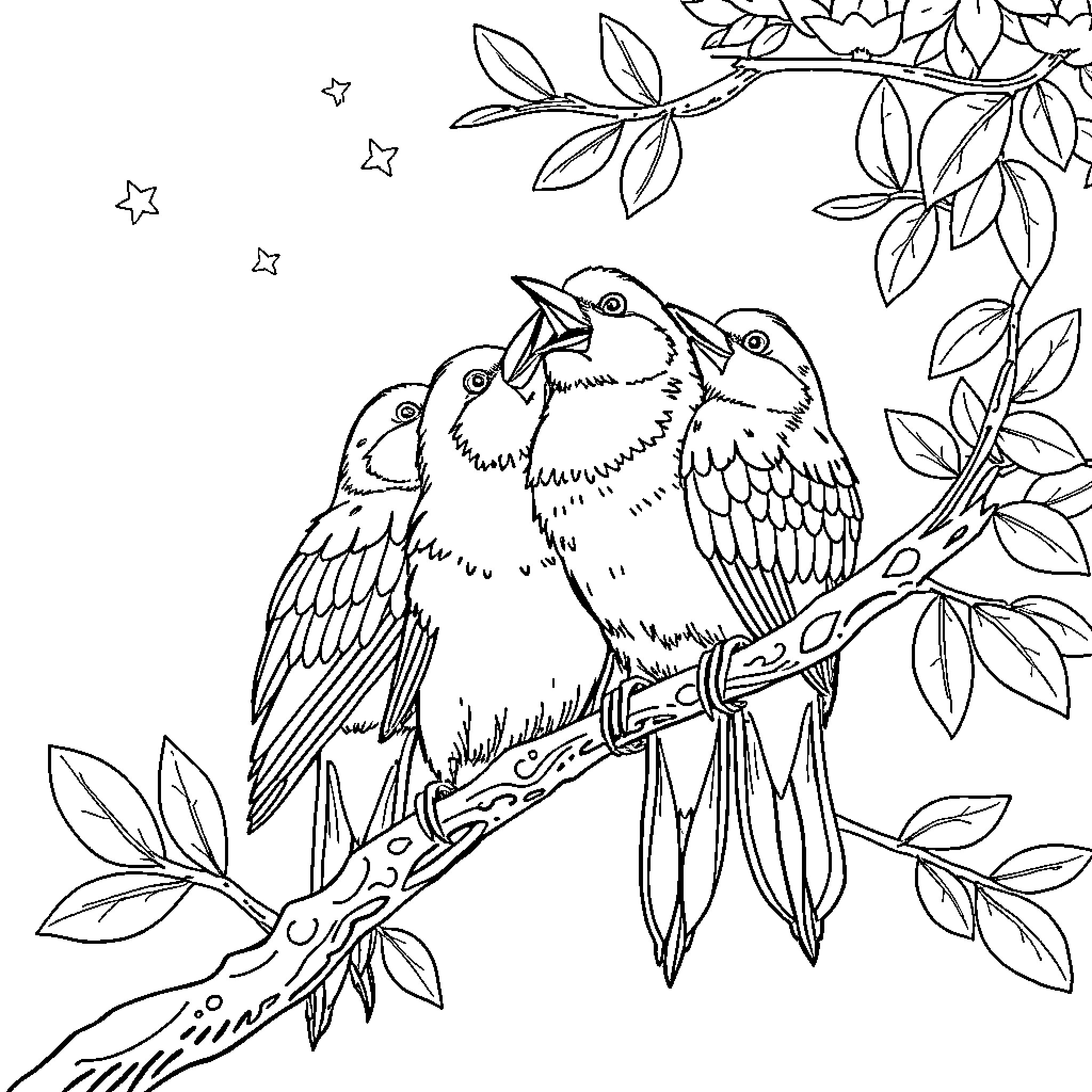 Tit birds in floral nature scene Coloring Page (free black-and-white line drawing printable PDF for all, from beginners to advanced learners, including children, teens, adults, and seniors)