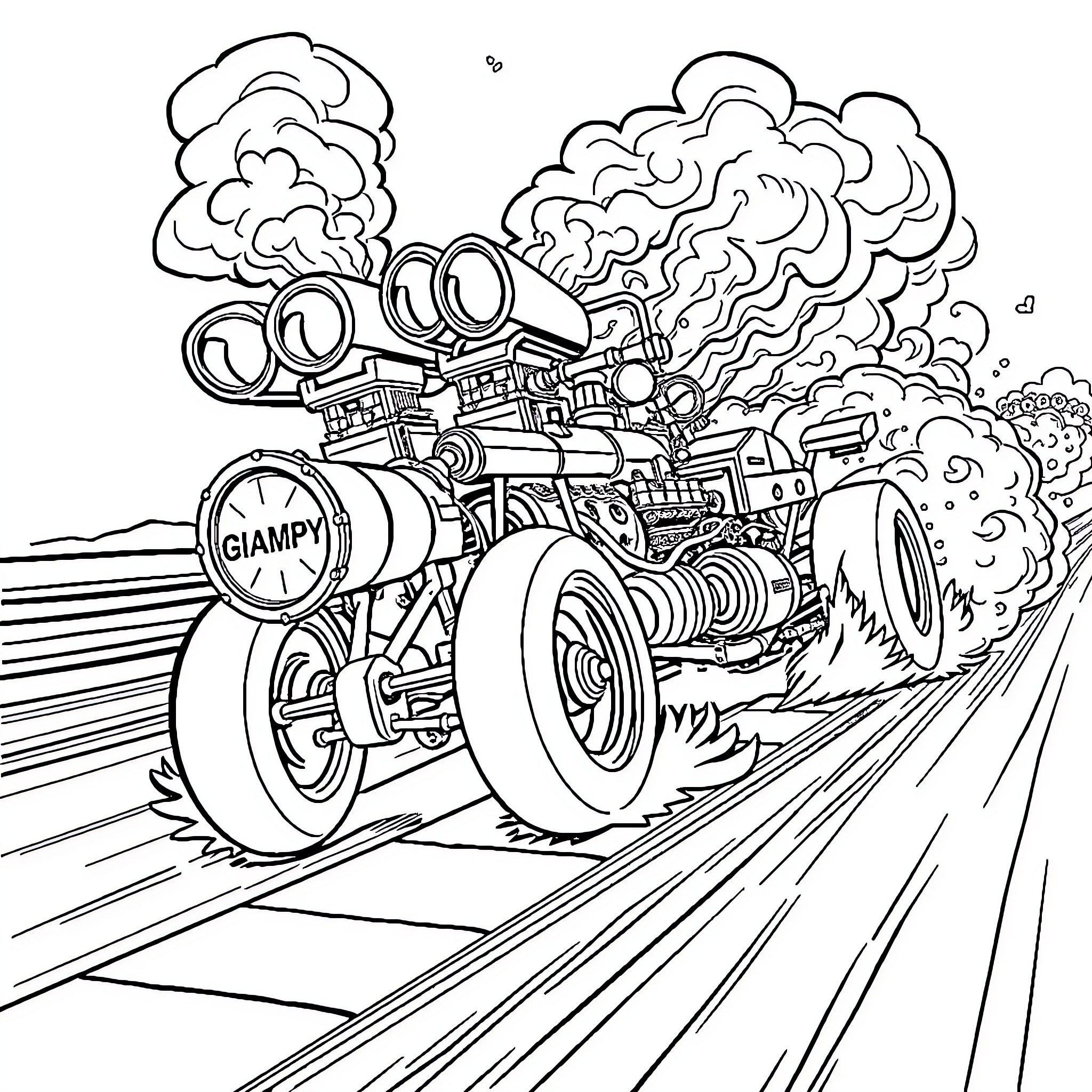 Racing Engine Speeding Through Cloudy Landscapes Coloring Page (free black-and-white line drawing printable PDF for all, from beginners to advanced learners, including children, teens, adults, and seniors)