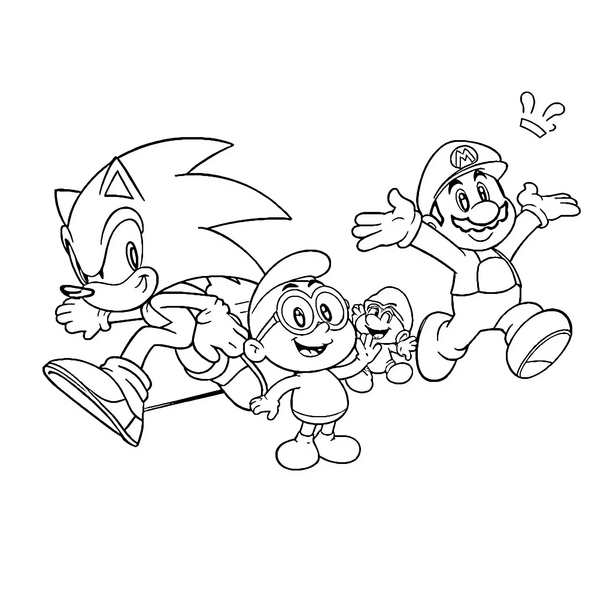 Character Cartoon Characters in Motion Coloring Page (free black-and-white line drawing printable PDF for all, from beginners to advanced learners, including children, teens, adults, and seniors)
